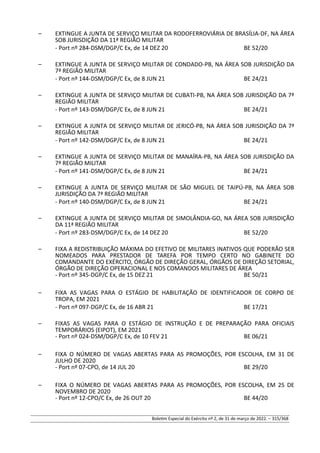 – EXTINGUE A JUNTA DE SERVIÇO MILITAR DA RODOFERROVIÁRIA DE BRASÍLIA-DF, NA ÁREA
SOB JURISDIÇÃO DA 11ª REGIÃO MILITAR
- Port nº 284-DSM/DGP/C Ex, de 14 DEZ 20 BE 52/20
– EXTINGUE A JUNTA DE SERVIÇO MILITAR DE CONDADO-PB, NA ÁREA SOB JURISDIÇÃO DA
7ª REGIÃO MILITAR
- Port nº 144-DSM/DGP/C Ex, de 8 JUN 21 BE 24/21
– EXTINGUE A JUNTA DE SERVIÇO MILITAR DE CUBATI-PB, NA ÁREA SOB JURISDIÇÃO DA 7ª
REGIÃO MILITAR
- Port nº 143-DSM/DGP/C Ex, de 8 JUN 21 BE 24/21
– EXTINGUE A JUNTA DE SERVIÇO MILITAR DE JERICÓ-PB, NA ÁREA SOB JURISDIÇÃO DA 7ª
REGIÃO MILITAR
- Port nº 142-DSM/DGP/C Ex, de 8 JUN 21 BE 24/21
– EXTINGUE A JUNTA DE SERVIÇO MILITAR DE MANAÍRA-PB, NA ÁREA SOB JURISDIÇÃO DA
7ª REGIÃO MILITAR
- Port nº 141-DSM/DGP/C Ex, de 8 JUN 21 BE 24/21
– EXTINGUE A JUNTA DE SERVIÇO MILITAR DE SÃO MIGUEL DE TAIPÚ-PB, NA ÁREA SOB
JURISDIÇÃO DA 7ª REGIÃO MILITAR
- Port nº 140-DSM/DGP/C Ex, de 8 JUN 21 BE 24/21
– EXTINGUE A JUNTA DE SERVIÇO MILITAR DE SIMOLÂNDIA-GO, NA ÁREA SOB JURISDIÇÃO
DA 11ª REGIÃO MILITAR
- Port nº 283-DSM/DGP/C Ex, de 14 DEZ 20 BE 52/20
– FIXA A REDISTRIBUIÇÃO MÁXIMA DO EFETIVO DE MILITARES INATIVOS QUE PODERÃO SER
NOMEADOS PARA PRESTADOR DE TAREFA POR TEMPO CERTO NO GABINETE DO
COMANDANTE DO EXÉRCITO, ÓRGÃO DE DIREÇÃO GERAL, ÓRGÃOS DE DIREÇÃO SETORIAL,
ÓRGÃO DE DIREÇÃO OPERACIONAL E NOS COMANDOS MILITARES DE ÁREA
- Port nº 345-DGP/C Ex, de 15 DEZ 21 BE 50/21
– FIXA AS VAGAS PARA O ESTÁGIO DE HABILITAÇÃO DE IDENTIFICADOR DE CORPO DE
TROPA, EM 2021
- Port nº 097-DGP/C Ex, de 16 ABR 21 BE 17/21
– FIXAS AS VAGAS PARA O ESTÁGIO DE INSTRUÇÃO E DE PREPARAÇÃO PARA OFICIAIS
TEMPORÁRIOS (EIPOT), EM 2021
- Port nº 024-DSM/DGP/C Ex, de 10 FEV 21 BE 06/21
– FIXA O NÚMERO DE VAGAS ABERTAS PARA AS PROMOÇÕES, POR ESCOLHA, EM 31 DE
JULHO DE 2020
- Port nº 07-CPO, de 14 JUL 20 BE 29/20
– FIXA O NÚMERO DE VAGAS ABERTAS PARA AS PROMOÇÕES, POR ESCOLHA, EM 25 DE
NOVEMBRO DE 2020
- Port nº 12-CPO/C Ex, de 26 OUT 20 BE 44/20
Boletim Especial do Exército nº 2, de 31 de março de 2022. – 315/368
 
