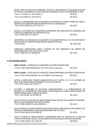 – PREVÊ, PARA OS OFICIAIS DE CARREIRA, EXCETO OS INTEGRANTES DO QUADRO AUXILIAR
DE OFICIAIS, O NÚMERO DE VAGAS PARA AS PROMOÇÕES EM 25 DE DEZEMBRO DE 2021
- Port nº 11-CPO/C Ex, de 23 NOV 21 BE 48/21
- Port nº 12-CPO/C Ex, de 8 DEZ 21 BE 50/21
– REGULA A CONVOCAÇÃO DOS INTEGRANTES DA RESERVA DA FORÇA TERRESTRE PARA O
EXERCÍCIO DE APRESENTAÇÃO DA RESERVA EM 2021 (EXAR/2021)
- Port nº 261-DGP/C Ex, de 27 OUT 21 BE 45/21
– REGULA A SITUAÇÃO DOS CANDIDATOS APROVADOS NO CONCURSO DE ADMISSÃO AOS
CURSOS DE FORMAÇÃO DE SARGENTOS (CFS)
- Port nº 002-DGP, de 5 JAN 01 BE 02/01
– SISTEMÁTICA DE PROMOÇÃO DE SARGENTO DO QUADRO ESPECIAL E DE TAIFEIRO-MOR À
GRADUAÇÃO DE TERCEIRO-SARGENTO DO QUADRO ESPECIAL
- Informações NE 10.627/09
– SUBDELEGA COMPETÊNCIA PARA A PRÁTICA DE ATO NORMATIVO NO ÂMBITO DO
DEPARTAMENTO-GERAL DO PESSOAL (DGP)
- Port nº 062-DGP, de 18 MAR 20 BE 13/20
d. Do Comando Logístico
– EB40-C-30.403 – CATÁLOGO DE ALIMENTOS DO EXÉRCITO BRASILEIRO
- Port nº 158-D Abst/COLOG/C Ex, de 2 OUT 20 (Em Separata) BE 42/20
– EB40-C-30.405 – CATÁLOGO DE ALIMENTOS COMPLEMENTARES DO EXÉRCITO BRASILEIRO
- Port nº 079-D Abst/COLOG/C Ex, de 30 ABR 21 (Em Separata) BE 20/21
– ALTERA A INSTRUÇÃO TÉCNICO-ADMINISTRATIVA Nº 3-DFPC, DE 13 DE OUTUBRO DE
2015, QUE DISPÕE SOBRE EXPEDIÇÃO DE GUIA DE TRÁFEGO
- ITA nº 013-COLOG, de 30 OUT 17 BE 46/17
– AUTORIZA A PROVISÃO DE RECURSOS ORÇAMENTÁRIOS E O FORNECIMENTO DE
MATERIAL DE INTENDÊNCIA, DESTINADOS À REALIZAÇÃO DE CURSOS OPERACIONAIS DO
EXÉRCITO BRASILEIRO A CARGO DO DECEX
- Port nº 46-COLOG, de 28 MAR 18 BE 15/18
– CRIA O ESTÁGIO DE GESTÃO DA MANUTENÇÃO PARA OFICIAIS DO QUADRO DE MATERIAL
BÉLICO, DOS COMANDOS MILITARES DE ÁREA
- Port nº 098-COLOG/C Ex, de 20 MAIO 21 BE 22/21
– CRIA O ESTÁGIO DE MANUTENÇÃO DE MATERIAL BÉLICO PARA OFICIAIS DAS ARMAS E DO
SERVIÇO DE INTENDÊNCIA, DOS COMANDOS MILITARES DE ÁREA
- Port nº 049-COLOG, de 30 ABR 20 BE 21/20
– CRIA O ESTÁGIO DE MANUTENÇÃO E SUPRIMENTO PARA OS CADETES DO 4º ANO DO
CURSO DE MATERIAL BÉLICO, DA ACADEMIA MILITAR DAS AGULHAS NEGRAS (AMAN)
- Port nº 006-COLOG, de 31 JAN 18 BE 08/18
320/368 – Boletim Especial do Exército nº 2, de 31 de março de 2022.
 