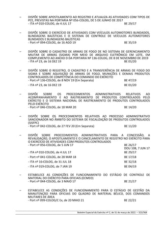 – DISPÕE SOBRE APOSTILAMENTO AO REGISTRO E ATUALIZA AS ATIVIDADES COM TIPOS DE
PCE, PREVISTAS NA PORTARIA Nº 056-COLOG, DE 5 DE JUNHO DE 2017
- ITA nº 010-COLOG, de 4 JUL 17 BE 29/17
– DISPÕE SOBRE O EXERCÍCIO DE ATIVIDADES COM VEÍCULOS AUTOMOTORES BLINDADOS,
BLINDAGENS BALÍSTICAS E O SISTEMA DE CONTROLE DE VEÍCULOS AUTOMOTORES
BLINDADOS E BLINDAGENS BALÍSTICAS
- Port nº 094-COLOG, de 16 AGO 19 BE 35/19
– DISPÕE SOBRE O CADASTRO DE ARMAS DE FOGO DE NO SISTEMA DE GERENCIAMENTO
MILITAR DE ARMAS (SIGMA) POR MEIO DE ARQUIVO ELETRÔNICO EM LOTE, EM
COMPLEMENTO AO ANEXO D DA PORTARIA Nº 136-COLOG, DE 8 DE NOVEMBRO DE 2019
- ITA nº 23, de 16 DEZ 19 BE 01/20
– DISPÕE SOBRE O REGISTRO, O CADASTRO E A TRANSFERÊNCIA DE ARMAS DE FOGO DO
SIGMA E SOBRE AQUISIÇÃO DE ARMAS DE FOGO, MUNIÇÕES E DEMAIS PRODUTOS
CONTROLADOS DE COMPETÊNCIA DO COMANDO DO EXÉRCITO
- Port nº 136-COLOG, de 8 NOV 19 (Em Separata) BE 47/19
- ITA nº 23, de 16 DEZ 19 BE 01/20
– DISPÕE SOBRE OS PROCEDIMENTOS ADMINISTRATIVOS RELATIVOS AO
ACOMPANHAMENTO E AO RASTREAMENTO DE PRODUTOS CONTROLADOS PELO
EXÉRCITO E O SISTEMA NACIONAL DE RASTREAMENTO DE PRODUTOS CONTROLADOS
PELO EXÉRCITO
- Port nº 046-COLOG, de 18 MAR 20 BE 14/20
– DISPÕE SOBRE OS PROCEDIMENTOS RELATIVOS AO PROCESSO ADMINISTRATIVO
SANCIONADOR NO ÂMBITO DO SISTEMA DE FISCALIZAÇÃO DE PRODUTOS CONTROLADOS
(SISFPC)
- Port nº 042-COLOG, de 27 FEV 20 (Em Separata) BE 11/20
– DISPÕE SOBRE PROCEDIMENTOS ADMINISTRATIVOS PARA A CONCESSÃO, A
REVALIDAÇÃO, O APOSTILAMENTO E O CANCELAMENTO DE REGISTRO NO EXÉRCITO PARA
O EXERCÍCIO DE ATIVIDADES COM PRODUTOS CONTROLADOS
- Port nº 056-COLOG, de 5 JUN 17 BE 26/17
DOU 108, 7 JUN 17
- ITA nº 010-COLOG, de 4 JUL 17 BE 29/17
- Port nº 041-COLOG, de 28 MAR 18 BE 17/18
- ITA nº 16-COLOG, de 31 JUL 18 BE 32/18
- ITA nº 019-COLOG, de 7 JAN 19 BE 04/19
– ESTABELECE AS CONDIÇÕES DE FUNCIONAMENTO DO ESTÁGIO DE CONTROLE DE
MATERIAL DO EXÉRCITO PARA OFICIAIS (ECMEO)
- Port nº 044-COLOG, de 3 MAIO 17 BE 21/17
– ESTABELECE AS CONDIÇÕES DE FUNCIONAMENTO PARA O ESTÁGIO DE GESTÃO DA
MANUTENÇÃO PARA OFICIAIS DO QUADRO DE MATERIAL BÉLICO, DOS COMANDOS
MILITARES DE ÁREA
- Port nº 099-COLOG/C Ex, de 20 MAIO 21 BE 22/21
Boletim Especial do Exército nº 2, de 31 de março de 2022. – 323/368
 