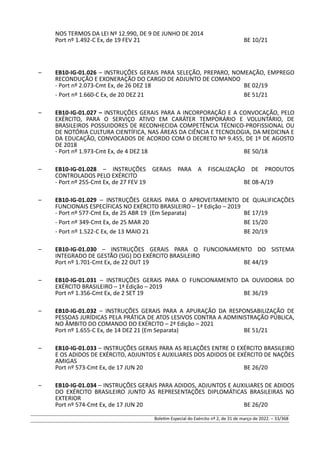 NOS TERMOS DA LEI Nº 12.990, DE 9 DE JUNHO DE 2014
Port nº 1.492-C Ex, de 19 FEV 21 BE 10/21
– EB10-IG-01.026 – INSTRUÇÕES GERAIS PARA SELEÇÃO, PREPARO, NOMEAÇÃO, EMPREGO
RECONDUÇÃO E EXONERAÇÃO DO CARGO DE ADJUNTO DE COMANDO
- Port nº 2.073-Cmt Ex, de 26 DEZ 18 BE 02/19
- Port nº 1.660-C Ex, de 20 DEZ 21 BE 51/21
– EB10-IG-01.027 – INSTRUÇÕES GERAIS PARA A INCORPORAÇÃO E A CONVOCAÇÃO, PELO
EXÉRCITO, PARA O SERVIÇO ATIVO EM CARÁTER TEMPORÁRIO E VOLUNTÁRIO, DE
BRASILEIROS POSSUIDORES DE RECONHECIDA COMPETÊNCIA TÉCNICO-PROFISSIONAL OU
DE NOTÓRIA CULTURA CIENTÍFICA, NAS ÁREAS DA CIÊNCIA E TECNOLOGIA, DA MEDICINA E
DA EDUCAÇÃO, CONVOCADOS DE ACORDO COM O DECRETO Nº 9.455, DE 1º DE AGOSTO
DE 2018
- Port nº 1.973-Cmt Ex, de 4 DEZ 18 BE 50/18
– EB10-IG-01.028 – INSTRUÇÕES GERAIS PARA A FISCALIZAÇÃO DE PRODUTOS
CONTROLADOS PELO EXÉRCITO
- Port nº 255-Cmt Ex, de 27 FEV 19 BE 08-A/19
– EB10-IG-01.029 – INSTRUÇÕES GERAIS PARA O APROVEITAMENTO DE QUALIFICAÇÕES
FUNCIONAIS ESPECÍFICAS NO EXÉRCITO BRASILEIRO – 1ª Edição – 2019
- Port nº 577-Cmt Ex, de 25 ABR 19 (Em Separata) BE 17/19
- Port nº 349-Cmt Ex, de 25 MAR 20 BE 15/20
- Port nº 1.522-C Ex, de 13 MAIO 21 BE 20/19
– EB10-IG-01.030 – INSTRUÇÕES GERAIS PARA O FUNCIONAMENTO DO SISTEMA
INTEGRADO DE GESTÃO (SIG) DO EXÉRCITO BRASILEIRO
Port nº 1.701-Cmt Ex, de 22 OUT 19 BE 44/19
– EB10-IG-01.031 – INSTRUÇÕES GERAIS PARA O FUNCIONAMENTO DA OUVIDORIA DO
EXÉRCITO BRASILEIRO – 1ª Edição – 2019
Port nº 1.356-Cmt Ex, de 2 SET 19 BE 36/19
– EB10-IG-01.032 – INSTRUÇÕES GERAIS PARA A APURAÇÃO DA RESPONSABILIZAÇÃO DE
PESSOAS JURÍDICAS PELA PRÁTICA DE ATOS LESIVOS CONTRA A ADMINISTRAÇÃO PÚBLICA,
NO ÂMBITO DO COMANDO DO EXÉRCITO – 2ª Edição – 2021
Port nº 1.655-C Ex, de 14 DEZ 21 (Em Separata) BE 51/21
– EB10-IG-01.033 – INSTRUÇÕES GERAIS PARA AS RELAÇÕES ENTRE O EXÉRCITO BRASILEIRO
E OS ADIDOS DE EXÉRCITO, ADJUNTOS E AUXILIARES DOS ADIDOS DE EXÉRCITO DE NAÇÕES
AMIGAS
Port nº 573-Cmt Ex, de 17 JUN 20 BE 26/20
– EB10-IG-01.034 – INSTRUÇÕES GERAIS PARA ADIDOS, ADJUNTOS E AUXILIARES DE ADIDOS
DO EXÉRCITO BRASILEIRO JUNTO ÀS REPRESENTAÇÕES DIPLOMÁTICAS BRASILEIRAS NO
EXTERIOR
Port nº 574-Cmt Ex, de 17 JUN 20 BE 26/20
Boletim Especial do Exército nº 2, de 31 de março de 2022. – 33/368
 