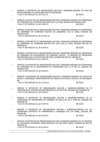 – APROVA O DISTINTIVO DE ORGANIZAÇÃO MILITAR E BANDEIRA-INSÍGNIA DA BASE DE
APOIO REGIONAL DE SOROCABA (B AP R/ SOROCABA)
- Port nº 355-DECEx/C Ex, de 9 JUL 21 BE 30/21
– APROVA O DISTINTIVO DE ORGANIZAÇÃO MILITAR E BANDEIRA-INSÍGNIA DA COMPANHIA
DE COMANDO DA 12ª REGIÃO MILITAR (CIA C/ 12ª RM), SEDIADA EM MANAUS-AM
- Port nº 257-DECEx/C Ex, de 8 JUN 21 BE 25/21
– APROVA O DISTINTIVO DE ORGANIZAÇÃO MILITAR E BANDEIRA-INSÍGNIA DA COMPANHIA
DE COMANDO DO COMANDO MILITAR DA AMAZÔNIA (CIA C/ CMA), SEDIADA EM
MANAUS-AM
- Port nº 368-DECEx/C Ex, de 15 OUT 21 BE 50/21
– APROVA O DISTINTIVO DE ORGANIZAÇÃO MILITAR E BANDEIRA-INSÍGNIA DA COMPANHIA
DE COMANDO DO COMANDO MILITAR DO LESTE (CIA C/ CML), SEDIADA NO RIO DE
JANEIRO-RJ
- Port nº 258-DECEx/C Ex, de 8 JUN 21 BE 25/21
– APROVA O DISTINTIVO DE ORGANIZAÇÃO MILITAR E BANDEIRA-INSÍGNIA DA COMPANHIA
DE COMANDO DO GRUPAMENTO DE UNIDADES ESCOLA – 9ª BRIGADA DE INFANTARIA
MOTORIZADA (CIA C GUES/9ª BDA INF MTZ), SEDIADA NO RIO DE JANEIRO-RJ
- Port nº 260-DECEx/C Ex, de 8 JUN 21 BE 25/21
– APROVA O DISTINTIVO DE ORGANIZAÇÃO MILITAR E BANDEIRA-INSÍGNIA DA COMPANHIA
DE COMANDO DO 2º GRUPAMENTO DE ENGENHARIA (CIA C/ 2º GPT E), SEDIADA EM
MANAUS-AM
- Port nº 261-DECEx/C Ex, de 8 JUN 21 BE 42/21
– APROVA O DISTINTIVO DE ORGANIZAÇÃO MILITAR E BANDEIRA-INSÍGNIA DA ESCOLA DE
SAÚDE E FORMAÇÃO COMPLEMENTAR DO EXÉRCITO (ESFCEX), SEDIADA EM SALVADOR-
BA
- Port nº 356-DECEx/C Ex, de 12 JUL 21 BE 43/21
– APROVA O DISTINTIVO DE ORGANIZAÇÃO MILITAR E BANDEIRA-INSÍGNIA DA 3ª
COMPANHIA DE INFANTARIA MOTORIZADA (3ª CIA INF MTZ), SEDIADA EM TUBARÃO-SC
- Port nº 262-DECEx/C Ex, de 8 JUN 21 BE 25/21
– APROVA O DISTINTIVO DE ORGANIZAÇÃO MILITAR E BANDEIRA-INSÍGNIA DA 6ª
COMPANHIA DE ENGENHARIA DE COMBATE DE SELVA (6ª CIA E CMB SL), SEDIADA EM
MARABÁ-PA
- Port nº 256-DECEx/C Ex, de 8 JUN 21 BE 25/21
– APROVA O DISTINTIVO DE ORGANIZAÇÃO MILITAR E BANDEIRA-INSÍGNIA DA 13ª
COMPANHIA DEPÓSITO DE ARMAMENTO E MUNIÇÃO (13ª CIA DAM), SEDIADA EM
ITAARA-RS
- Port nº 263-DECEx/C Ex, de 8 JUN 21 BE 25/21
– APROVA O DISTINTIVO DE ORGANIZAÇÃO MILITAR E BANDEIRA-INSÍGNIA DA 21ª BATERIA
DE ARTILHARIA ANTIAÉREA PÁRA-QUEDISTA (21ª BIA AAAE PQDT), SEDIADA NO RIO DE
JANEIRO-RJ
- Port nº 272-DECEx/C Ex, de 8 JUN 21 BE 25/21
Boletim Especial do Exército nº 2, de 31 de março de 2022. – 337/368
 