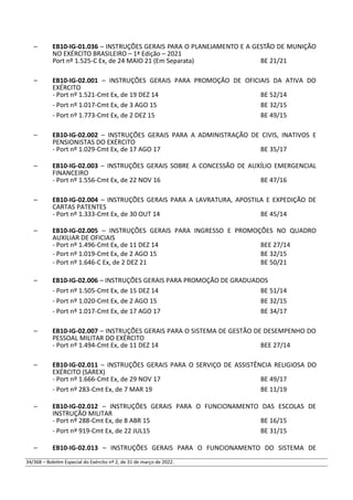 – EB10-IG-01.036 – INSTRUÇÕES GERAIS PARA O PLANEJAMENTO E A GESTÃO DE MUNIÇÃO
NO EXÉRCITO BRASILEIRO – 1ª Edição – 2021
Port nº 1.525-C Ex, de 24 MAIO 21 (Em Separata) BE 21/21
– EB10-IG-02.001 – INSTRUÇÕES GERAIS PARA PROMOÇÃO DE OFICIAIS DA ATIVA DO
EXÉRCITO
- Port nº 1.521-Cmt Ex, de 19 DEZ 14 BE 52/14
- Port nº 1.017-Cmt Ex, de 3 AGO 15 BE 32/15
- Port nº 1.773-Cmt Ex, de 2 DEZ 15 BE 49/15
– EB10-IG-02.002 – INSTRUÇÕES GERAIS PARA A ADMINISTRAÇÃO DE CIVIS, INATIVOS E
PENSIONISTAS DO EXÉRCITO
- Port nº 1.029-Cmt Ex, de 17 AGO 17 BE 35/17
– EB10-IG-02.003 – INSTRUÇÕES GERAIS SOBRE A CONCESSÃO DE AUXÍLIO EMERGENCIAL
FINANCEIRO
- Port nº 1.556-Cmt Ex, de 22 NOV 16 BE 47/16
– EB10-IG-02.004 – INSTRUÇÕES GERAIS PARA A LAVRATURA, APOSTILA E EXPEDIÇÃO DE
CARTAS PATENTES
- Port nº 1.333-Cmt Ex, de 30 OUT 14 BE 45/14
– EB10-IG-02.005 – INSTRUÇÕES GERAIS PARA INGRESSO E PROMOÇÕES NO QUADRO
AUXILIAR DE OFICIAIS
- Port nº 1.496-Cmt Ex, de 11 DEZ 14 BEE 27/14
- Port nº 1.019-Cmt Ex, de 2 AGO 15 BE 32/15
- Port nº 1.646-C Ex, de 2 DEZ 21 BE 50/21
– EB10-IG-02.006 – INSTRUÇÕES GERAIS PARA PROMOÇÃO DE GRADUADOS
- Port nº 1.505-Cmt Ex, de 15 DEZ 14 BE 51/14
- Port nº 1.020-Cmt Ex, de 2 AGO 15 BE 32/15
- Port nº 1.017-Cmt Ex, de 17 AGO 17 BE 34/17
– EB10-IG-02.007 – INSTRUÇÕES GERAIS PARA O SISTEMA DE GESTÃO DE DESEMPENHO DO
PESSOAL MILITAR DO EXÉRCITO
- Port nº 1.494-Cmt Ex, de 11 DEZ 14 BEE 27/14
– EB10-IG-02.011 – INSTRUÇÕES GERAIS PARA O SERVIÇO DE ASSISTÊNCIA RELIGIOSA DO
EXÉRCITO (SAREX)
- Port nº 1.666-Cmt Ex, de 29 NOV 17 BE 49/17
- Port nº 283-Cmt Ex, de 7 MAR 19 BE 11/19
– EB10-IG-02.012 – INSTRUÇÕES GERAIS PARA O FUNCIONAMENTO DAS ESCOLAS DE
INSTRUÇÃO MILITAR
- Port nº 288-Cmt Ex, de 8 ABR 15 BE 16/15
- Port nº 919-Cmt Ex, de 22 JUL15 BE 31/15
– EB10-IG-02.013 – INSTRUÇÕES GERAIS PARA O FUNCIONAMENTO DO SISTEMA DE
34/368 – Boletim Especial do Exército nº 2, de 31 de março de 2022.
 