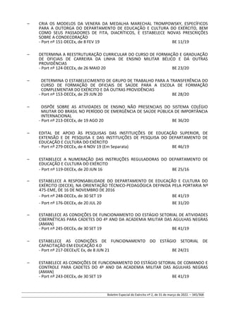 – CRIA OS MODELOS DA VENERA DA MEDALHA MARECHAL TROMPOWSKY, ESPECÍFICOS
PARA A OUTORGA DO DEPARTAMENTO DE EDUCAÇÃO E CULTURA DO EXÉRCITO, BEM
COMO SEUS PASSADORES DE FITA, DIACRÍTICOS, E ESTABELECE NOVAS PRESCRIÇÕES
SOBRE A CONDECORAÇÃO
- Port nº 151-DECEx, de 8 FEV 19 BE 11/19
– DETERMINA A REESTRUTURAÇÃO CURRICULAR DO CURSO DE FORMAÇÃO E GRADUAÇÃO
DE OFICIAIS DE CARREIRA DA LINHA DE ENSINO MILITAR BÉLICO E DÁ OUTRAS
PROVIDÊNCIAS
- Port nº 124-DECEx, de 26 MAIO 20 BE 23/20
– DETERMINA O ESTABELECIMENTO DE GRUPO DE TRABALHO PARA A TRANSFERÊNCIA DO
CURSO DE FORMAÇÃO DE OFICIAIS DE SAÚDE PARA A ESCOLA DE FORMAÇÃO
COMPLEMENTAR DO EXÉRCITO E DÁ OUTRAS PROVIDÊNCIAS
- Port nº 153-DECEx, de 29 JUN 20 BE 28/20
– DISPÕE SOBRE AS ATIVIDADES DE ENSINO NÃO PRESENCIAIS DO SISTEMA COLÉGIO
MILITAR DO BRASIL NO PERÍODO DE EMERGÊNCIA DE SAÚDE PÚBLICA DE IMPORTÂNCIA
INTERNACIONAL
- Port nº 213-DECEx, de 19 AGO 20 BE 36/20
– EDITAL DE APOIO ÀS PESQUISAS DAS INSTITUIÇÕES DE EDUCAÇÃO SUPERIOR, DE
EXTENSÃO E DE PESQUISA E DAS INSTITUIÇÕES DE PESQUISA DO DEPARTAMENTO DE
EDUCAÇÃO E CULTURA DO EXÉRCITO
- Port nº 279-DECEx, de 4 NOV 19 (Em Separata) BE 46/19
– ESTABELECE A NUMERAÇÃO DAS INSTRUÇÕES REGULADORAS DO DEPARTAMENTO DE
EDUCAÇÃO E CULTURA DO EXÉRCITO
- Port nº 119-DECEx, de 20 JUN 16 BE 25/16
– ESTABELECE A RESPONSABILIDADE DO DEPARTAMENTO DE EDUCAÇÃO E CULTURA DO
EXÉRCITO (DECEX), NA ORIENTAÇÃO TÉCNICO-PEDAGÓGICA DEFINIDA PELA PORTARIA Nº
475-EME, DE 16 DE NOVEMBRO DE 2016
- Port nº 248-DECEx, de 30 SET 19 BE 41/19
- Port nº 176-DECEx, de 20 JUL 20 BE 31/20
– ESTABELECE AS CONDIÇÕES DE FUNCIONAMENTO DO ESTÁGIO SETORIAL DE ATIVIDADES
CIBERNÉTICAS PARA CADETES DO 4º ANO DA ACADEMIA MILITAR DAS AGULHAS NEGRAS
(AMAN)
- Port nº 245-DECEx, de 30 SET 19 BE 41/19
– ESTABELECE AS CONDIÇÕES DE FUNCIONAMENTO DO ESTÁGIO SETORIAL DE
CAPACITAÇÃO EM EDUCAÇÃO 4.0
- Port nº 217-DECEx/C Ex, de 8 JUN 21 BE 24/21
– ESTABELECE AS CONDIÇÕES DE FUNCIONAMENTO DO ESTÁGIO SETORIAL DE COMANDO E
CONTROLE PARA CADETES DO 4º ANO DA ACADEMIA MILITAR DAS AGULHAS NEGRAS
(AMAN)
- Port nº 243-DECEx, de 30 SET 19 BE 41/19
Boletim Especial do Exército nº 2, de 31 de março de 2022. – 345/368
 