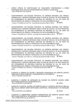 – ATRIBUI CÓDIGO DE IDENTIFICAÇÃO DE PUBLICAÇÕES PADRONIZADAS A SEREM
APROVADAS PELO CHEFE DO DEPARTAMENTO DE CIÊNCIA E TECNOLOGIA
- Port nº 065-DCT, de 3 JUN 18 BE 28/18
– CADASTRAMENTO, EM RELAÇÃO ESPECÍFICA, DE EMPRESA NACIONAL QUE PRODUZ,
COMERCIALIZA E IMPORTA MATERIAIS PARA O SETOR DE DEFESA E DE SEUS PRODUTOS,
EM ATENDIMENTO ÀS DIRETRIZES CONTIDAS NA PORTARIA Nº 111, DO CHEFE DO
DEPARTAMENTO DE CIÊNCIA E TECNOLOGIA, DE 20 DE DEZEMBRO DE 2016
- Parecer nº 01/2020, de 3 SET 20 – Comissão do Convênio ICMS nº 95/12 BE 38/20
– CADASTRAMENTO, EM RELAÇÃO ESPECÍFICA, DE EMPRESA NACIONAL QUE PRODUZ,
COMERCIALIZA E IMPORTA MATERIAIS PARA O SETOR DE DEFESA E DE SEUS PRODUTOS,
EM ATENDIMENTO ÀS DIRETRIZES CONTIDAS NA PORTARIA Nº 111, DO CHEFE DO
DEPARTAMENTO DE CIÊNCIA E TECNOLOGIA, DE 20 DE DEZEMBRO DE 2016
- Parecer nº 02/2020, de 15 DEZ 20 – Comissão do Convênio ICMS nº 95/12 BE 03/21
– CADASTRAMENTO, EM RELAÇÃO ESPECÍFICA, DE EMPRESA NACIONAL QUE PRODUZ,
COMERCIALIZA E IMPORTA MATERIAIS PARA O SETOR DE DEFESA E DE SEUS PRODUTOS,
EM ATENDIMENTO ÀS DIRETRIZES CONTIDAS NA PORTARIA Nº 111, DO CHEFE DO
DEPARTAMENTO DE CIÊNCIA E TECNOLOGIA, DE 20 DE DEZEMBRO DE 2016
- Parecer nº 01/2021, de 23 SET 21 – Comissão do Convênio ICMS nº 95/12 BE 40/21
– CADASTRAMENTO, EM RELAÇÃO ESPECÍFICA, DE EMPRESA NACIONAL QUE PRODUZ,
COMERCIALIZA E IMPORTA MATERIAIS PARA O SETOR DE DEFESA E DE SEUS PRODUTOS,
EM ATENDIMENTO ÀS DIRETRIZES CONTIDAS NA PORTARIA Nº 111, DO CHEFE DO
DEPARTAMENTO DE CIÊNCIA E TECNOLOGIA, DE 20 DE DEZEMBRO DE 2016
- Parecer nº 02/2021, de 13 SET 21 – Comissão do Convênio ICMS nº 95/12 BE 38/21
– CADASTRAMENTO, EM RELAÇÃO ESPECÍFICA, DE EMPRESA NACIONAL QUE PRODUZ,
COMERCIALIZA E IMPORTA MATERIAIS PARA O SETOR DE DEFESA E DE SEUS PRODUTOS,
EM ATENDIMENTO ÀS DIRETRIZES CONTIDAS NA PORTARIA Nº 111, DO CHEFE DO
DEPARTAMENTO DE CIÊNCIA E TECNOLOGIA, DE 20 DE DEZEMBRO DE 2016
- Parecer nº 03/2021, de 28 OUT 21 – Comissão do Convênio ICMS nº
95/12
BE 45/21
– CLASSIFICA A AGÊNCIA DE GESTÃO E INOVAÇÃO TECNOLÓGICA DO EXÉRCITO (AGITEC)
COMO INSTITUIÇÃO CIENTÍFICA E TECNOLÓGICA (ICT) DO EXÉRCITO
- Port nº 124-DCT, de 5 SET 19 BE 38/19
– CLASSIFICA O CENTRO DE INSTRUÇÃO DE AVIAÇÃO DO EXÉRCITO (CIAVEX) COMO
INSTITUIÇÃO CIENTÍFICA E TECNOLÓGICA (ICT)
- Port nº 039-DCT, de 26 ABR 18 BE 19/18
– CLASSIFICA O HOSPITAL CENTRAL DO EXÉRCITO (HCE) E O HOSPITAL MILITAR DE ÁREA DE
SÃO PAULO (HMASP) COMO INSTITUIÇÕES CIENTÍFICAS, TECNOLÓGICAS E DE INOVAÇÃO
(ICT)
- Port nº 023-DCT, de 5 MAR 20 BE 10/20
– CLASSIFICA O LABORATÓRIO QUÍMICO FARMACÊUTICO DO EXÉRCITO (LQFEX) COMO
INSTITUIÇÃO CIENTÍFICA, TECNOLÓGICA E DE INOVAÇÃO (ICT)
- Port nº 087-DCT/C Ex, de 14 OUT 21 BE 42/21
350/368 – Boletim Especial do Exército nº 2, de 31 de março de 2022.
 