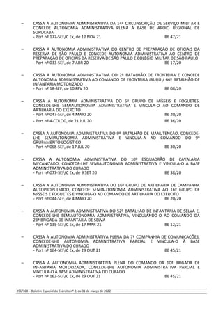 – CASSA A AUTONOMIA ADMINISTRATIVA DA 14ª CIRCUNSCRIÇÃO DE SERVIÇO MILITAR E
CONCEDE AUTONOMIA ADMINISTRATIVA PLENA À BASE DE APOIO REGIONAL DE
SOROCABA
- Port nº 172-SEF/C Ex, de 12 NOV 21 BE 47/21
– CASSA A AUTONOMIA ADMINISTRATIVA DO CENTRO DE PREPARAÇÃO DE OFICIAIS DA
RESERVA DE SÃO PAULO E CONCEDE AUTONOMIA ADMINISTRATIVA AO CENTRO DE
PREPARAÇÃO DE OFICIAIS DA RESERVA DE SÃO PAULO E COLÉGIO MILITAR DE SÃO PAULO
- Port nº 033-SEF, de 7 ABR 20 BE 17/20
– CASSA A AUTONOMIA ADMINISTRATIVA DO 2º BATALHÃO DE FRONTEIRA E CONCEDE
AUTONOMIA ADMINISTRATIVA AO COMANDO DE FRONTEIRA JAURU / 66º BATALHÃO DE
INFANTARIA MOTORIZADO
- Port nº 18-SEF, de 10 FEV 20 BE 08/20
– CASSA A AUTONOMIA ADMINISTRATIVA DO 6º GRUPO DE MÍSSEIS E FOGUETES,
CONCEDE-LHE SEMIAUTONOMIA ADMINISTRATIVA E VINCULA-O AO COMANDO DE
ARTILHARIA DO EXÉRCITO
- Port nº 047-SEF, de 4 MAIO 20 BE 20/20
- Port nº 4-COLOG, de 21 JUL 20 BE 36/20
– CASSA A AUTONOMIA ADMINISTRATIVA DO 9º BATALHÃO DE MANUTENÇÃO, CONCEDE-
LHE SEMIAUTONOMIA ADMINISTRATIVA E VINCULA-A AO COMANDO DO 9º
GRUPAMENTO LOGÍSTICO
- Port nº 068-SEF, de 17 JUL 20 BE 30/20
– CASSA A AUTONOMIA ADMINISTRATIVA DO 10º ESQUADRÃO DE CAVALARIA
MECANIZADO, CONCEDE-LHE SEMIAUTONOMIA ADMINISTRATIVA E VINCULA-O À BASE
ADMINISTRATIVA DO CURADO
- Port nº 077-SEF/C Ex, de 9 SET 20 BE 38/20
– CASSA A AUTONOMIA ADMINISTRATIVA DO 16º GRUPO DE ARTILHARIA DE CAMPANHA
AUTOPROPULSADO, CONCEDE SEMIAUTONOMIA ADMINISTRATIVA AO 16º GRUPO DE
MÍSSEIS E FOGUETES E VINCULA-O AO COMANDO DE ARTILHARIA DO EXÉRCITO
- Port nº 044-SEF, de 4 MAIO 20 BE 20/20
– CASSA A AUTONOMIA ADMINISTRATIVA DO 52º BATALHÃO DE INFANTARIA DE SELVA E,
CONCEDE-LHE SEMIAUTONOMIA ADMINISTRATIVA, VINCULANDO-O AO COMANDO DA
23ª BRIGADA DE INFANTARIA DE SELVA
- Port nº 135-SEF/C Ex, de 17 MAR 21 BE 12/21
– CASSA A AUTONOMIA ADMINISTRATIVA PLENA DA 7ª COMPANHIA DE COMUNICAÇÕES,
CONCEDE-LHE AUTONOMIA ADMINISTRATIVA PARCIAL E VINCULA-O À BASE
ADMINISTRATIVA DO CURADO
- Port nº 164-SEF/C Ex, de 29 OUT 21 BE 45/21
– CASSA A AUTONOMIA ADMINISTRATIVA PLENA DO COMANDO DA 10ª BRIGADA DE
INFANTARIA MOTORIZADA, CONCEDE-LHE AUTONOMIA ADMINISTRATIVA PARCIAL E
VINCULA-O À BASE ADMINISTRATIVA DO CURADO
- Port nº 162-SEF/C Ex, de 29 OUT 21 BE 45/21
356/368 – Boletim Especial do Exército nº 2, de 31 de março de 2022.
 