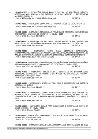 – EB10-IG-02.031 – INSTRUÇÕES GERAIS PARA O SISTEMA DE ASSISTÊNCIA MÉDICO-
HOSPITALAR AOS MILITARES DO EXÉRCITO, SEUS DEPENDENTES E PENSIONISTAS
MILITARES (SAMMED)
- Port nº 492-Cmt Ex, de 19 MAIO 20 (Em Separata) BE 21/20
– EB10-IG-02.032 – INSTRUÇÕES GERAIS PARA O FUNDO DE SAÚDE DO EXÉRCITO (FUSEX)
- Port nº 493-Cmt Ex, de 19 MAIO 20 (Em Separata) BE 21/20
– EB10-IG-04.001 – INSTRUÇÕES GERAIS PARA A PREVENÇÃO E COMBATE A INCÊNDIOS NAS
ORGANIZAÇÕES MILITARES DO EXÉRCITO – 1ª Edição – 2018
- Port nº 1.788-Cmt Ex, de 25 OUT 18 BE 44/18
– EB10-IG-04.002 – INSTRUÇÕES GERAIS SOBRE INCORPORAÇÃO DE BENS IMÓVEIS DA
UNIÃO AO ACERVO IMOBILIÁRIO SOB ADMINISTRAÇÃO DO COMANDO DO EXÉRCITO
- Port nº 637-Cmt Ex, de 8 MAIO 19 BE 21/19
– EB10-IG-04.003 – INSTRUÇÕES GERAIS PARA OBTENÇÃO, ELABORAÇÃO,
CADASTRAMENTO, DISTRIBUIÇÃO E ARQUIVAMENTO DA DOCUMENTAÇÃO RELATIVA AOS
IMÓVEIS E PRÓPRIOS NACIONAIS RESIDENCIAIS EM USO PELO COMANDO DO EXÉRCITO
- Port nº 924-Cmt Ex, de 26 JUN 19 (Em Separata) BE 27/19
– EB10-IG-04.004 – INSTRUÇÕES GERAIS PARA A UTILIZAÇÃO DO PATRIMÔNIO IMOBILIÁRIO
DA UNIÃO ADMINISTRADO PELO COMANDO DO EXÉRCITO – 2ª Edição – 2020
- Port nº 1.041-C Ex, de 13 OUT 20 BE 43/20
– EB10-IG-05.001 – INSTRUÇÕES GERAIS PARA A CONCESSÃO DE DENOMINAÇÕES
HISTÓRICAS, ESTANDARTES HISTÓRICOS E DISTINTIVOS DE ORGANIZAÇÃO MILITAR-
HISTÓRICOS – 2ª Edição – 2020
- Port nº 550-Cmt Ex, de 8 JUN 20 BE 25/20
– EB10-IG-06.001 – INSTRUÇÕES GERAIS DE TIRO COM O ARMAMENTO DO EXÉRCITO
(IGTAEX) – Edição 2017
- Port nº 1.064-Cmt Ex, de 21 AGO 17 BE 35/17
– EB10-IG-06.002 – INSTRUÇÕES GERAIS PARA O FUNCIONAMENTO DOS CENTROS DE
INSTRUÇÃO, DOS CENTROS DE ADESTRAMENTO E DAS ORGANIZAÇÕES MILITARES DE
EMPREGO PECULIAR COM ENCARGO DE ENSINO DO EXÉRCITO BRASILEIRO – 1ª Edição –
2019
- Port nº 815-Cmt Ex, de 6 JUN 19 BE 25/19
– EB10-IG-08.001 – INSTRUÇÕES GERAIS PARA IMPORTAÇÃO E EXPORTAÇÃO DIRETA DE
BENS E SERVIÇOS – 2ª Edição – 2021
- Port nº 1.546-C Ex, de 2 JUL 21 BE 28/21
– EB10-IG-08.002 – INSTRUÇÕES GERAIS PARA CONSIGNAÇÃO DE DESCONTOS EM FOLHA DE
PAGAMENTO – 2ª Edição – 2020
- Port nº 1.312-C Ex, de 7 DEZ 20 BE 51/20
– EB10-IG-08.003 – INSTRUÇÕES GERAIS PARA A APRESENTAÇÃO DE DECLARAÇÃO DE BENS
36/368 – Boletim Especial do Exército nº 2, de 31 de março de 2022.
 