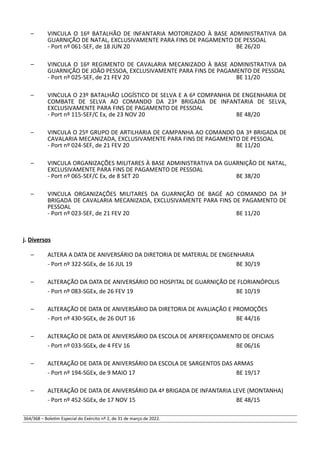 – VINCULA O 16º BATALHÃO DE INFANTARIA MOTORIZADO À BASE ADMINISTRATIVA DA
GUARNIÇÃO DE NATAL, EXCLUSIVAMENTE PARA FINS DE PAGAMENTO DE PESSOAL
- Port nº 061-SEF, de 18 JUN 20 BE 26/20
– VINCULA O 16º REGIMENTO DE CAVALARIA MECANIZADO À BASE ADMINISTRATIVA DA
GUARNIÇÃO DE JOÃO PESSOA, EXCLUSIVAMENTE PARA FINS DE PAGAMENTO DE PESSOAL
- Port nº 025-SEF, de 21 FEV 20 BE 11/20
– VINCULA O 23º BATALHÃO LOGÍSTICO DE SELVA E A 6ª COMPANHIA DE ENGENHARIA DE
COMBATE DE SELVA AO COMANDO DA 23ª BRIGADA DE INFANTARIA DE SELVA,
EXCLUSIVAMENTE PARA FINS DE PAGAMENTO DE PESSOAL
- Port nº 115-SEF/C Ex, de 23 NOV 20 BE 48/20
– VINCULA O 25º GRUPO DE ARTILHARIA DE CAMPANHA AO COMANDO DA 3ª BRIGADA DE
CAVALARIA MECANIZADA, EXCLUSIVAMENTE PARA FINS DE PAGAMENTO DE PESSOAL
- Port nº 024-SEF, de 21 FEV 20 BE 11/20
– VINCULA ORGANIZAÇÕES MILITARES À BASE ADMINISTRATIVA DA GUARNIÇÃO DE NATAL,
EXCLUSIVAMENTE PARA FINS DE PAGAMENTO DE PESSOAL
- Port nº 065-SEF/C Ex, de 8 SET 20 BE 38/20
– VINCULA ORGANIZAÇÕES MILITARES DA GUARNIÇÃO DE BAGÉ AO COMANDO DA 3ª
BRIGADA DE CAVALARIA MECANIZADA, EXCLUSIVAMENTE PARA FINS DE PAGAMENTO DE
PESSOAL
- Port nº 023-SEF, de 21 FEV 20 BE 11/20
j. Diversos
– ALTERA A DATA DE ANIVERSÁRIO DA DIRETORIA DE MATERIAL DE ENGENHARIA
- Port nº 322-SGEx, de 16 JUL 19 BE 30/19
– ALTERAÇÃO DA DATA DE ANIVERSÁRIO DO HOSPITAL DE GUARNIÇÃO DE FLORIANÓPOLIS
- Port nº 083-SGEx, de 26 FEV 19 BE 10/19
– ALTERAÇÃO DE DATA DE ANIVERSÁRIO DA DIRETORIA DE AVALIAÇÃO E PROMOÇÕES
- Port nº 430-SGEx, de 26 OUT 16 BE 44/16
– ALTERAÇÃO DE DATA DE ANIVERSÁRIO DA ESCOLA DE APERFEIÇOAMENTO DE OFICIAIS
- Port nº 033-SGEx, de 4 FEV 16 BE 06/16
– ALTERAÇÃO DE DATA DE ANIVERSÁRIO DA ESCOLA DE SARGENTOS DAS ARMAS
- Port nº 194-SGEx, de 9 MAIO 17 BE 19/17
– ALTERAÇÃO DE DATA DE ANIVERSÁRIO DA 4ª BRIGADA DE INFANTARIA LEVE (MONTANHA)
- Port nº 452-SGEx, de 17 NOV 15 BE 48/15
364/368 – Boletim Especial do Exército nº 2, de 31 de março de 2022.
 