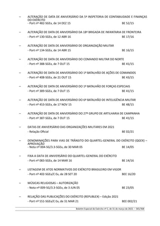 – ALTERAÇÃO DE DATA DE ANIVERSÁRIO DA 5ª INSPETORIA DE CONTABILIDADE E FINANÇAS
DO EXÉRCITO
- Port nº 482-SGEx, de 14 DEZ 15 BE 52/15
– ALTERAÇÃO DE DATA DE ANIVERSÁRIO DA 18ª BRIGADA DE INFANTARIA DE FRONTEIRA
- Port nº 130-SGEx, de 12 ABR 16 BE 17/16
– ALTERAÇÃO DE DATA DE ANIVERSÁRIO DE ORGANIZAÇÃO MILITAR
- Port nº 134-SGEx, de 14 ABR 15 BE 16/15
– ALTERAÇÃO DE DATA DE ANIVERSÁRIO DO COMANDO MILITAR DO NORTE
- Port nº 388-SGEx, de 7 OUT 15 BE 41/15
– ALTERAÇÃO DE DATA DE ANIVERSÁRIO DO 1º BATALHÃO DE AÇÕES DE COMANDOS
- Port nº 408-SGEx, de 21 OUT 15 BE 43/15
– ALTERAÇÃO DE DATA DE ANIVERSÁRIO DO 1º BATALHÃO DE FORÇAS ESPECIAIS
- Port nº 389-SGEx, de 7 OUT 15 BE 41/15
– ALTERAÇÃO DE DATA DE ANIVERSÁRIO DO 6º BATALHÃO DE INTELIGÊNCIA MILITAR
- Port nº 453-SGEx, de 17 NOV 15 BE 48/15
– ALTERAÇÃO DE DATA DE ANIVERSÁRIO DO 27º GRUPO DE ARTILHARIA DE CAMPANHA
- Port nº 387-SGEx, de 7 OUT 15 BE 41/15
– DATAS DE ANIVERSÁRIO DAS ORGANIZAÇÕES MILITARES EM 2021
- Relação Oficial BE 02/21
– DENOMINAÇÕES PARA VIAS DE TRÂNSITO DO QUARTEL-GENERAL DO EXÉRCITO (QGEX) –
APROVAÇÃO
- Nota nº 004-SG/3.3-SGEx, de 30 MAR 05 BE 14/05
– FIXA A DATA DE ANIVERSÁRIO DO QUARTEL-GENERAL DO EXÉRCITO
- Port nº 083-SGEx, de 14 MAR 16 BE 14/16
– LISTAGEM DE ATOS NORMATIVOS DO EXÉRCITO BRASILEIRO EM VIGOR
- Port nº 402-SGEx/C Ex, de 28 SET 20 BEE 16/20
– MÚSICAS RELIGIOSAS – AUTORIZAÇÃO
- Nota nº 009-SG/3.3-SGEx, de 3 JUN 05 BE 23/05
– RELAÇÃO DAS PUBLICAÇÕES DO EXÉRCITO (REPUBLEX) – Edição 2021
- Port nº 551-SGEx/C Ex, de 31 MAR 21 BEE 002/21
Boletim Especial do Exército nº 2, de 31 de março de 2022. – 365/368
 