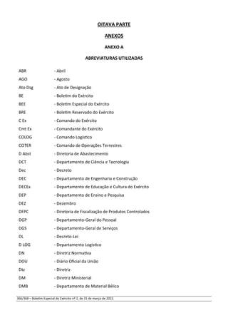 OITAVA PARTE
ANEXOS
ANEXO A
ABREVIATURAS UTILIZADAS
ABR - Abril
AGO - Agosto
Ato Dsg - Ato de Designação
BE - Boletim do Exército
BEE - Boletim Especial do Exército
BRE - Boletim Reservado do Exército
C Ex - Comando do Exército
Cmt Ex - Comandante do Exército
COLOG - Comando Logístico
COTER - Comando de Operações Terrestres
D Abst - Diretoria de Abastecimento
DCT - Departamento de Ciência e Tecnologia
Dec - Decreto
DEC - Departamento de Engenharia e Construção
DECEx - Departamento de Educação e Cultura do Exército
DEP - Departamento de Ensino e Pesquisa
DEZ - Dezembro
DFPC - Diretoria de Fiscalização de Produtos Controlados
DGP - Departamento-Geral do Pessoal
DGS - Departamento-Geral de Serviços
DL - Decreto-Lei
D LOG - Departamento Logístico
DN - Diretriz Normativa
DOU - Diário Oficial da União
Dtz - Diretriz
DM - Diretriz Ministerial
DMB - Departamento de Material Bélico
366/368 – Boletim Especial do Exército nº 2, de 31 de março de 2022.
 