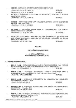 – IG 60-02 – INSTRUÇÕES GERAIS PARA OS PROFESSORES MILITARES
- Port nº 293-Cmt Ex, de 9 MAIO 05 BE 20/05
- Port nº 279-Cmt Ex, de 30 ABR 08 BE 19/08
– IG 60-03 – INSTRUÇÕES GERAIS PARA OS INSTRUTORES, MONITORES E AGENTES
INDIRETOS DO ENSINO
- Port nº 293-Cmt Ex, de 9 MAIO 05 BE 20/05
– IG 70-01 – INSTRUÇÕES GERAIS PARA O FUNCIONAMENTO DO SERVIÇO DE SAÚDE DO
EXÉRCITO EM TEMPO DE PAZ
- Port Min nº 241, de 20 MAR 1986 BE 12/1986
– IG 70-06 – INSTRUÇÕES GERAIS PARA O FUNCIONAMENTO DOS CENTROS
GERONTOLÓGICOS DO EXÉRCITO
- Port Min nº 715, de 30 DEZ 1994 BE 05/1994
– INSTRUÇÕES GERAIS PARA A PROTEÇÃO NA ÁREA DO MINISTÉRIO DO EXÉRCITO DE
PROPRIEDADE INDUSTRIAL E AQUISIÇÃO DE DIREITOS DE FABRICAÇÃO OU USO DE
PATENTES ESTRANGEIRAS
- Port Min nº 802, de 8 SET 1989 BE 39/1989
TÍTULO V
INSTRUÇÕES REGULADORAS (IR)
IDENTIFICAÇÃO/TÍTULO
ATO DE APROVAÇÃO/MODIFICAÇÃO
a. Do Estado-Maior do Exército
– EB20-IR-09.001 – INSTRUÇÕES REGULADORAS DO PROCESSO SELETIVO PARA INGRESSO
NA QUALIFICAÇÃO FUNCIONAL ESPECÍFICA DE GESTÃO PARA O ANO DE 2019
- Port nº 229-EME, de 30 JUL 19 BE 31/19
– EB20-IR-10.001 – INSTRUÇÕES REGULADORAS SOBRE A SISTEMÁTICA PARA O
PLANEJAMENTO DA DOUTRINA MILITAR TERRESTRE – 1ª Edição – 2014
- Port nº 264-EME, de 22 OUT 15 BE 44/15
– EB20-IR-10.002 – INSTRUÇÕES REGULADORAS DA HIERARQUIA DAS PUBLICAÇÕES
DOUTRINÁRIAS – 1ª Edição – 2014
- Port nº 74-EME, de 2 ABR 14 BE 18/14
– EB20-IR-10.003 – INSTRUÇÕES REGULADORAS PARA GESTÃO DO CONHECIMENTO
DOUTRINÁRIO – 2ª Edição – 2015
- Port nº 265-EME, de 22 OUT 15 BE 44/15
– EB20-IR-10.004 – INSTRUÇÕES REGULADORAS DO PROCESSO DE CONCEPÇÃO DE QUADRO
DE ORGANIZAÇÃO (QO) – 1ª Edição – 2015
- Port nº 297-EME, de 9 NOV 15 BE 46/15
44/368 – Boletim Especial do Exército nº 2, de 31 de março de 2022.
 