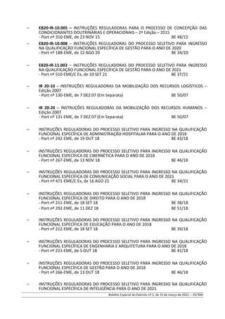 – EB20-IR-10.005 – INSTRUÇÕES REGULADORAS PARA O PROCESSO DE CONCEPÇÃO DAS
CONDICIONANTES DOUTRINÁRIAS E OPERACIONAIS – 2ª Edição – 2015
- Port nº 310-EME, de 23 NOV 15 BE 48/15
– EB20-IR-10.008 – INSTRUÇÕES REGULADORAS DO PROCESSO SELETIVO PARA INGRESSO
NA QUALIFICAÇÃO FUNCIONAL ESPECÍFICA DE GESTÃO PARA O ANO DE 2020
- Port nº 188-EME, de 12 AGO 20 BE 34/20
– EB20-IR-11.003 – INSTRUÇÕES REGULADORAS DO PROCESSO SELETIVO PARA INGRESSO
NA QUALIFICAÇÃO FUNCIONAL ESPECÍFICA DE GESTÃO PARA O ANO DE 2021
- Port nº 510-EME/C Ex, de 10 SET 21 BE 37/21
– IR 20-10 – INSTRUÇÕES REGULADORAS DA MOBILIZAÇÃO DOS RECURSOS LOGÍSTICOS –
Edição 2007
- Port nº 130-EME, de 7 DEZ 07 (Em Separata) BE 50/07
– IR 20-20 – INSTRUÇÕES REGULADORAS DA MOBILIZAÇÃO DOS RECURSOS HUMANOS –
Edição 2007
- Port nº 131-EME, de 7 DEZ 07 (Em Separata) BE 50/07
– INSTRUÇÕES REGULADORAS DO PROCESSO SELETIVO PARA INGRESSO NA QUALIFICAÇÃO
FUNCIONAL ESPECÍFICA DE ADMINISTRAÇÃO HOSPITALAR PARA O ANO DE 2018
- Port nº 242-EME, de 19 OUT 18 BE 43/18
– INSTRUÇÕES REGULADORAS DO PROCESSO SELETIVO PARA INGRESSO NA QUALIFICAÇÃO
FUNCIONAL ESPECÍFICA DE CIBERNÉTICA PARA O ANO DE 2018
- Port nº 267-EME, de 13 NOV 18 BE 46/18
– INSTRUÇÕES REGULADORAS DO PROCESSO SELETIVO PARA INGRESSO NA QUALIFICAÇÃO
FUNCIONAL ESPECÍFICA DE COMUNICAÇÃO SOCIAL PARA O ANO DE 2021
- Port nº 471-EME/C Ex, de 16 AGO 21 BE 34/21
– INSTRUÇÕES REGULADORAS DO PROCESSO SELETIVO PARA INGRESSO NA QUALIFICAÇÃO
FUNCIONAL ESPECÍFICA DE DIREITO PARA O ANO DE 2018
- Port nº 211-EME, de 18 SET 18 BE 38/18
- Port nº 292-EME, de 11 DEZ 18 BE 51/18
– INSTRUÇÕES REGULADORAS DO PROCESSO SELETIVO PARA INGRESSO NA QUALIFICAÇÃO
FUNCIONAL ESPECÍFICA DE EDUCAÇÃO PARA O ANO DE 2018
- Port nº 212-EME, de 18 SET 18 BE 39/18
– INSTRUÇÕES REGULADORAS DO PROCESSO SELETIVO PARA INGRESSO NA QUALIFICAÇÃO
FUNCIONAL ESPECÍFICA DE ENGENHARIA E ARQUITETURA PARA O ANO DE 2018
- Port nº 223-EME, de 5 OUT 18 BE 41/18
– INSTRUÇÕES REGULADORAS DO PROCESSO SELETIVO PARA INGRESSO NA QUALIFICAÇÃO
FUNCIONAL ESPECÍFICA DE GESTÃO PARA O ANO DE 2018
- Port nº 266-EME, de 13 OUT 18 BE 46/18
– INSTRUÇÕES REGULADORAS DO PROCESSO SELETIVO PARA INGRESSO NA QUALIFICAÇÃO
FUNCIONAL ESPECÍFICA DE INTELIGÊNCIA PARA O ANO DE 2021
Boletim Especial do Exército nº 2, de 31 de março de 2022. – 45/368
 