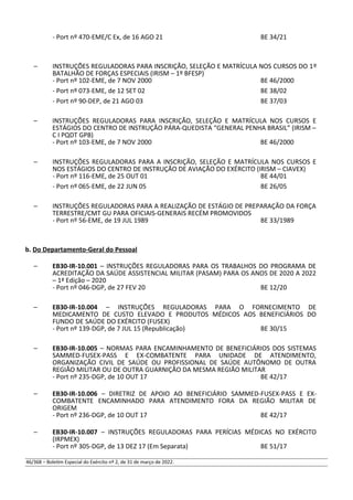 - Port nº 470-EME/C Ex, de 16 AGO 21 BE 34/21
– INSTRUÇÕES REGULADORAS PARA INSCRIÇÃO, SELEÇÃO E MATRÍCULA NOS CURSOS DO 1º
BATALHÃO DE FORÇAS ESPECIAIS (IRISM – 1º BFESP)
- Port nº 102-EME, de 7 NOV 2000 BE 46/2000
- Port nº 073-EME, de 12 SET 02 BE 38/02
- Port nº 90-DEP, de 21 AGO 03 BE 37/03
– INSTRUÇÕES REGULADORAS PARA INSCRIÇÃO, SELEÇÃO E MATRÍCULA NOS CURSOS E
ESTÁGIOS DO CENTRO DE INSTRUÇÃO PÁRA-QUEDISTA “GENERAL PENHA BRASIL” (IRISM –
C I PQDT GPB)
- Port nº 103-EME, de 7 NOV 2000 BE 46/2000
– INSTRUÇÕES REGULADORAS PARA A INSCRIÇÃO, SELEÇÃO E MATRÍCULA NOS CURSOS E
NOS ESTÁGIOS DO CENTRO DE INSTRUÇÃO DE AVIAÇÃO DO EXÉRCITO (IRISM – CIAVEX)
- Port nº 116-EME, de 25 OUT 01 BE 44/01
- Port nº 065-EME, de 22 JUN 05 BE 26/05
– INSTRUÇÕES REGULADORAS PARA A REALIZAÇÃO DE ESTÁGIO DE PREPARAÇÃO DA FORÇA
TERRESTRE/CMT GU PARA OFICIAIS-GENERAIS RECÉM PROMOVIDOS
- Port nº 56-EME, de 19 JUL 1989 BE 33/1989
b. Do Departamento-Geral do Pessoal
– EB30-IR-10.001 – INSTRUÇÕES REGULADORAS PARA OS TRABALHOS DO PROGRAMA DE
ACREDITAÇÃO DA SAÚDE ASSISTENCIAL MILITAR (PASAM) PARA OS ANOS DE 2020 A 2022
– 1ª Edição – 2020
- Port nº 046-DGP, de 27 FEV 20 BE 12/20
– EB30-IR-10.004 – INSTRUÇÕES REGULADORAS PARA O FORNECIMENTO DE
MEDICAMENTO DE CUSTO ELEVADO E PRODUTOS MÉDICOS AOS BENEFICIÁRIOS DO
FUNDO DE SAÚDE DO EXÉRCITO (FUSEX)
- Port nº 139-DGP, de 7 JUL 15 (Republicação) BE 30/15
– EB30-IR-10.005 – NORMAS PARA ENCAMINHAMENTO DE BENEFICIÁRIOS DOS SISTEMAS
SAMMED-FUSEX-PASS E EX-COMBATENTE PARA UNIDADE DE ATENDIMENTO,
ORGANIZAÇÃO CIVIL DE SAÚDE OU PROFISSIONAL DE SAÚDE AUTÔNOMO DE OUTRA
REGIÃO MILITAR OU DE OUTRA GUARNIÇÃO DA MESMA REGIÃO MILITAR
- Port nº 235-DGP, de 10 OUT 17 BE 42/17
– EB30-IR-10.006 – DIRETRIZ DE APOIO AO BENEFICIÁRIO SAMMED-FUSEX-PASS E EX-
COMBATENTE ENCAMINHADO PARA ATENDIMENTO FORA DA REGIÃO MILITAR DE
ORIGEM
- Port nº 236-DGP, de 10 OUT 17 BE 42/17
– EB30-IR-10.007 – INSTRUÇÕES REGULADORAS PARA PERÍCIAS MÉDICAS NO EXÉRCITO
(IRPMEX)
- Port nº 305-DGP, de 13 DEZ 17 (Em Separata) BE 51/17
46/368 – Boletim Especial do Exército nº 2, de 31 de março de 2022.
 