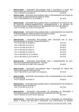 – EB30-IR-10.007 – INSTRUÇÕES REGULADORAS PARA A ASSISTÊNCIA À SAÚDE AOS
BENEFICIÁRIOS DO FUNDO DE SAUDE DO EXÉRCITO COM NECESSIDADES ESPECIAIS
- Port nº 186-DGP, de 16 AGO 19 BE 34/19
– EB30-IR-10.008 – INSTRUÇÕES REGULADORAS PARA O FUNCIONAMENTO DO ESTÁGIO DE
HABILITAÇÃO DE IDENTIFICADOR DE CORPO DE TROPA
- Port nº 066-DSM/DGP/C Ex, de 26 MAR 21 BE 13/21
– EB30-IR-20.001 – INSTRUÇÕES REGULADORAS PARA O SUPRIMENTO, EM TEMPO DE PAZ,
DE PRODUTOS QUÍMICO-FARMACÊUTICOS, IMUNOBIOLÓGICOS E DE MATERIAL DE
CONSUMO MÉDICO E ODONTOLÓGICO ÀS ORGANIZAÇÕES MILITARES DO EXÉRCITO
- Port nº 131-DGP, de 13 JUN 17 (Em Separata) BE 25/17
– EB30-IR-20.039 – INSTRUÇÕES REGULADORAS PARA O GERENCIAMENTO DO CADASTRO
DE BENEFICIÁRIOS DO FUNDO DE SAÚDE DO EXÉRCITO (FUSEX)
- Port nº 273-DGP/C Ex, de 14 DEZ 20 (Em Separata) BE 52/20
– EB30-IR-40.001 – INSTRUÇÕES REGULADORAS PARA APLICAÇÃO DAS IG 10-02,
MOVIMENTAÇÃO DE OFICIAIS E PRAÇAS DO EXÉRCITO
- Port nº 047-DGP, de 30 MAR 12 BE 21/12
- Port nº 099-DGP, de 8 JUN 16 BE 24/16
- Port nº 222-DGP, de 26 SET 17 BE 40/17
- Port nº 264-DGP, de 5 NOV 19 BE 45/19
- Port nº 328-DGP, de 23 DEZ 19 BE 52/19
- Port nº 093-DGP/C Ex, de 12 ABR 21 BE 18/21
- Port nº 287-DGP/C Ex, de 22 NOV 21 BE 47/21
– EB30-IR-50.001 – INSTRUÇÕES REGULADORAS PARA A ADMINISTRAÇÃO DE CIVIS,
INATIVOS E PENSIONISTAS DO EXÉRCITO – Reedição
- Port nº 082-DGP, de 23 ABR 14 (Em Separata) BE 18/14
– EB30-IR-50.001 – INSTRUÇÕES REGULADORAS PARA A PRESTAÇÃO DE TAREFA POR
TEMPO CERTO POR MILITARES INATIVOS
- Port nº 063-DGP/C Ex, de 5 ABR 21 (Em Separata) BE 14/21
– EB30-IR-50.009 – INSTRUÇÕES REGULADORAS PARA O FUNCIONAMENTO DOS CENTROS
DE CONVIVÊNCIA
- Port nº 236-DGP, de 9 NOV 16 BE 46/16
– EB30-IR-50.011 – INSTRUÇÕES REGULADORAS PARA O FUNCIONAMENTO DO SISTEMA DE
ASSISTÊNCIA SOCIAL DO EXÉRCITO
- Port nº 114-DGP, de 4 JUL 16 BE 27/16
– EB30-IR-50.012 – INSTRUÇÕES REGULADORAS DO PROGRAMA DE PREVENÇÃO À
DEPENDÊNCIA QUÍMICA (PPDQ) NO ÂMBITO DO COMANDO DO EXÉRCITO
- Port nº 183-DGP, de 12 SET 16 (Em Separata) BE 37/16
– EB30-IR-50.013 – INSTRUÇÕES REGULADORAS PARA O PROGRAMA DE ATENDIMENTO
SOCIAL À FAMÍLIA DOS MILITARES E SERVIDORES CIVIS PARTICIPANTES DE MISSÕES
Boletim Especial do Exército nº 2, de 31 de março de 2022. – 47/368
 