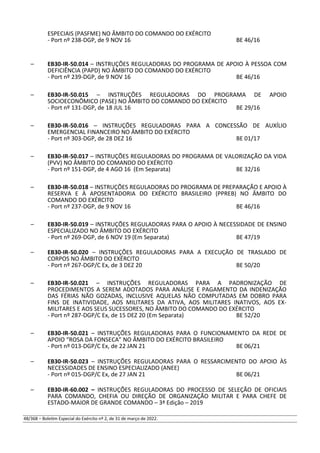 ESPECIAIS (PASFME) NO ÂMBITO DO COMANDO DO EXÉRCITO
- Port nº 238-DGP, de 9 NOV 16 BE 46/16
– EB30-IR-50.014 – INSTRUÇÕES REGULADORAS DO PROGRAMA DE APOIO À PESSOA COM
DEFICIÊNCIA (PAPD) NO ÂMBITO DO COMANDO DO EXÉRCITO
- Port nº 239-DGP, de 9 NOV 16 BE 46/16
– EB30-IR-50.015 – INSTRUÇÕES REGULADORAS DO PROGRAMA DE APOIO
SOCIOECONÔMICO (PASE) NO ÂMBITO DO COMANDO DO EXÉRCITO
- Port nº 131-DGP, de 18 JUL 16 BE 29/16
– EB30-IR-50.016 – INSTRUÇÕES REGULADORAS PARA A CONCESSÃO DE AUXÍLIO
EMERGENCIAL FINANCEIRO NO ÂMBITO DO EXÉRCITO
- Port nº 303-DGP, de 28 DEZ 16 BE 01/17
– EB30-IR-50.017 – INSTRUÇÕES REGULADORAS DO PROGRAMA DE VALORIZAÇÃO DA VIDA
(PVV) NO ÂMBITO DO COMANDO DO EXÉRCITO
- Port nº 151-DGP, de 4 AGO 16 (Em Separata) BE 32/16
– EB30-IR-50.018 – INSTRUÇÕES REGULADORAS DO PROGRAMA DE PREPARAÇÃO E APOIO À
RESERVA E À APOSENTADORIA DO EXÉRCITO BRASILEIRO (PPREB) NO ÂMBITO DO
COMANDO DO EXÉRCITO
- Port nº 237-DGP, de 9 NOV 16 BE 46/16
– EB30-IR-50.019 – INSTRUÇÕES REGULADORAS PARA O APOIO À NECESSIDADE DE ENSINO
ESPECIALIZADO NO ÂMBITO DO EXÉRCITO
- Port nº 269-DGP, de 6 NOV 19 (Em Separata) BE 47/19
– EB30-IR-50.020 – INSTRUÇÕES REGULADORAS PARA A EXECUÇÃO DE TRASLADO DE
CORPOS NO ÂMBITO DO EXÉRCITO
- Port nº 267-DGP/C Ex, de 3 DEZ 20 BE 50/20
– EB30-IR-50.021 – INSTRUÇÕES REGULADORAS PARA A PADRONIZAÇÃO DE
PROCEDIMENTOS A SEREM ADOTADOS PARA ANÁLISE E PAGAMENTO DA INDENIZAÇÃO
DAS FÉRIAS NÃO GOZADAS, INCLUSIVE AQUELAS NÃO COMPUTADAS EM DOBRO PARA
FINS DE INATIVIDADE, AOS MILITARES DA ATIVA, AOS MILITARES INATIVOS, AOS EX-
MILITARES E AOS SEUS SUCESSORES, NO ÂMBITO DO COMANDO DO EXÉRCITO
- Port nº 287-DGP/C Ex, de 15 DEZ 20 (Em Separata) BE 52/20
– EB30-IR-50.021 – INSTRUÇÕES REGULADORAS PARA O FUNCIONAMENTO DA REDE DE
APOIO “ROSA DA FONSECA” NO ÂMBITO DO EXÉRCITO BRASILEIRO
- Port nº 013-DGP/C Ex, de 22 JAN 21 BE 06/21
– EB30-IR-50.023 – INSTRUÇÕES REGULADORAS PARA O RESSARCIMENTO DO APOIO ÀS
NECESSIDADES DE ENSINO ESPECIALIZADO (ANEE)
- Port nº 015-DGP/C Ex, de 27 JAN 21 BE 06/21
– EB30-IR-60.002 – INSTRUÇÕES REGULADORAS DO PROCESSO DE SELEÇÃO DE OFICIAIS
PARA COMANDO, CHEFIA OU DIREÇÃO DE ORGANIZAÇÃO MILITAR E PARA CHEFE DE
ESTADO-MAIOR DE GRANDE COMANDO – 3ª Edição – 2019
48/368 – Boletim Especial do Exército nº 2, de 31 de março de 2022.
 