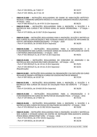 - Port nº 192-DECEx, de 7 AGO 17 BE 32/17
- Port nº 159 -DECEx, de 17 JUL 19 BE 30/19
– EB60-IR-22.003 – INSTRUÇÕES REGULADORAS DO EXAME DE HABILITAÇÃO ARTÍSTICO-
MUSICAL A PRIMEIRO-SARGENTO MÚSICO E A SEGUNDO-SARGENTO MÚSICO (IR/EHAM) –
4ª Edição – 2021
- Port nº 046-DECEx/C Ex, de 4 FEV 21 (Em Separata) BE 06/21
– EB60-IR-22.004 – INSTRUÇÕES REGULADORAS PARA A INSCRIÇÃO, A SELEÇÃO E A
MATRÍCULA NOS CURSOS E NO ESTÁGIO GERAL DE SAÚDE OPERACIONAL – 1ª Edição –
2019
- Port nº 277-DECEx, de 31 OUT 19 (Em Separata) BE 46/19
– EB60-IR-23.001 – INSTRUÇÕES REGULADORAS PARA A INSCRIÇÃO, SELEÇÃO E MATRÍCULA
NOS CURSOS DE ESPECIALIZAÇÃO E NOS ESTÁGIOS GERAIS DA ESCOLA DE ARTILHARIA DE
COSTA E ANTIAÉREA (IRISM/ESACOSAAE) – 2ª Edição – 2020
- Port nº 216-DECEx, de 19 AGO 20 (Em Separata) BE 36/20
– EB60-IR-23.002 – INSTRUÇÕES REGULADORAS PARA A ORGANIZAÇÃO E O
FUNCIONAMENTO DOS CURSOS E ESTÁGIOS GERAIS DA ESCOLA DE ARTILHARIA DE COSTA
E ANTIAÉREA (IROF/ESACOSAAE) – 1ª Edição – 2021
- Port nº 431-DECEx/C Ex, de 27 OUT 21 (Em Separata) BE 44/21
– EB60-IR-24.001 – INSTRUÇÕES REGULADORAS DO CONCURSO DE ADMISSÃO E DA
MATRÍCULA NOS COLÉGIOS MILITARES (IRCAM/CM) – 10ª Edição – 2021
- Port nº 325-DECEx/C Ex, de 14 JUL 21 (Em Separata) BE 29/21
- Port nº 235-DECEx/C Ex, de 14 JUL 21 (Em Separata) -
(Republicação)
BE 32/21
– EB60-IR-24.002 – INSTRUÇÕES REGULADORAS DA ORGANIZAÇÃO E DA EXECUÇÃO DO CURSO
REGULAR DE ENSINO A DISTÂNCIA A CARGO DO COLÉGIO MILITAR DE MANAUS
- Port nº 097-DECEx, de 10 SET 10 BE 37/10
– EB60-IR-25.001 – INSTRUÇÕES REGULADORAS PARA A INSCRIÇÃO, A SELEÇÃO E A
MATRÍCULA NOS CURSOS DA ESCOLA DE EDUCAÇÃO FÍSICA DO EXÉRCITO – 3ª Edição –
2020
- Port nº 214-DECEx, de 19 AGO 20 (Em Separata) BE 36/20
– EB60-IR-25.002 – INSTRUÇÕES REGULADORAS PARA A ORGANIZAÇÃO E O
FUNCIONAMENTO DO CURSO DE INSTRUTOR DE EDUCAÇÃO FÍSICA – 1ª Edição – 2016
- Port nº 197-DECEx, de 17 NOV 16 BE 47/16
– EB60-IR-26.001 – INSTRUÇÕES REGULADORAS PARA A INSCRIÇÃO, A SELEÇÃO E A
MATRÍCULA NOS CURSOS DA ESCOLA DE EQUITAÇÃO DO EXÉRCITO – 3ª Edição – 2020
- Port nº 372-DECEx/C Ex, de 21 DEZ 20 (Em Separata) BE 53/20
– EB60-IR-34.001 – INSTRUÇÕES REGULADORAS PARA A INSCRIÇÃO, SELEÇÃO E MATRÍCULA
NOS CURSOS E ESTÁGIOS GERAIS DO CENTRO DE INSTRUÇÃO PÁRA-QUEDISTA GENERAL
PENHA BRASIL (IRISM/CIPQDT GPB) – 1ª Edição – 2018
- Port nº 012-DECEx, de 2 FEV 18 (Em Separata) BE 11/18
- Port nº 139-DECEx, de 20 JUN 18 BE 26/18
Boletim Especial do Exército nº 2, de 31 de março de 2022. – 59/368
 