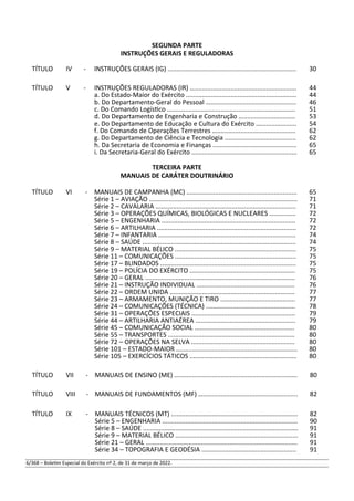 SEGUNDA PARTE
INSTRUÇÕES GERAIS E REGULADORAS
TÍTULO IV - INSTRUÇÕES GERAIS (IG) ........................................................................ 30
TÍTULO V - INSTRUÇÕES REGULADORAS (IR) …......................................................... 44
a. Do Estado-Maior do Exército .............................................................. 44
b. Do Departamento-Geral do Pessoal …................................................ 46
c. Do Comando Logístico ........................................................................ 51
d. Do Departamento de Engenharia e Construção …............................. 53
e. Do Departamento de Educação e Cultura do Exército ….................... 54
f. Do Comando de Operações Terrestres …............................................ 62
g. Do Departamento de Ciência e Tecnologia ........................................ 62
h. Da Secretaria de Economia e Finanças ............................................... 65
i. Da Secretaria-Geral do Exército ........................................................... 65
TERCEIRA PARTE
MANUAIS DE CARÁTER DOUTRINÁRIO
TÍTULO VI - MANUAIS DE CAMPANHA (MC) .............................................................. 65
Série 1 – AVIAÇÃO ................................................................................... 71
Série 2 – CAVALARIA …............................................................................ 71
Série 3 – OPERAÇÕES QUÍMICAS, BIOLÓGICAS E NUCLEARES …............ 72
Série 5 – ENGENHARIA ........................................................................... 72
Série 6 – ARTILHARIA .............................................................................. 72
Série 7 – INFANTARIA ............................................................................. 74
Série 8 – SAÚDE ...................................................................................... 74
Série 9 – MATERIAL BÉLICO .................................................................... 75
Série 11 – COMUNICAÇÕES .................................................................... 75
Série 17 – BLINDADOS ............................................................................ 75
Série 19 – POLÍCIA DO EXÉRCITO ........................................................... 75
Série 20 – GERAL .................................................................................... 76
Série 21 – INSTRUÇÃO INDIVIDUAL ....................................................... 76
Série 22 – ORDEM UNIDA ...................................................................... 77
Série 23 – ARMAMENTO, MUNIÇÃO E TIRO .......................................... 77
Série 24 – COMUNICAÇÕES (TÉCNICA) .................................................. 78
Série 31 – OPERAÇÕES ESPECIAIS .......................................................... 79
Série 44 – ARTILHARIA ANTIAÉREA ........................................................ 79
Série 45 – COMUNICAÇÃO SOCIAL ........................................................ 80
Série 55 – TRANSPORTES ....................................................................... 80
Série 72 – OPERAÇÕES NA SELVA .......................................................... 80
Série 101 – ESTADO-MAIOR .................................................................... 80
Série 105 – EXERCÍCIOS TÁTICOS ............................................................ 80
TÍTULO VII - MANUAIS DE ENSINO (ME) ..................................................................... 80
TÍTULO VIII - MANUAIS DE FUNDAMENTOS (MF) …..................................................... 82
TÍTULO IX - MANUAIS TÉCNICOS (MT) ....................................................................... 82
Série 5 – ENGENHARIA ............................................................................ 90
Série 8 – SAÚDE ....................................................................................... 91
Série 9 – MATERIAL BÉLICO ….................................................................. 91
Série 21 – GERAL ..................................................................................... 91
Série 34 – TOPOGRAFIA E GEODÉSIA ..................................................... 91
6/368 – Boletim Especial do Exército nº 2, de 31 de março de 2022.
 