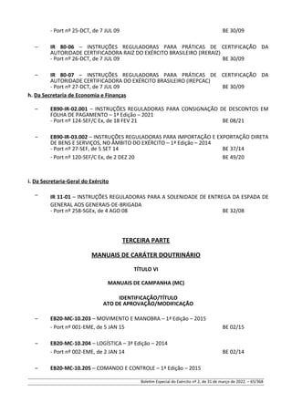 - Port nº 25-DCT, de 7 JUL 09 BE 30/09
– IR 80-06 – INSTRUÇÕES REGULADORAS PARA PRÁTICAS DE CERTIFICAÇÃO DA
AUTORIDADE CERTIFICADORA RAIZ DO EXÉRCITO BRASILEIRO (IRERAIZ)
- Port nº 26-DCT, de 7 JUL 09 BE 30/09
– IR 80-07 – INSTRUÇÕES REGULADORAS PARA PRÁTICAS DE CERTIFICAÇÃO DA
AUTORIDADE CERTIFICADORA DO EXÉRCITO BRASILEIRO (IREPCAC)
- Port nº 27-DCT, de 7 JUL 09 BE 30/09
h. Da Secretaria de Economia e Finanças
– EB90-IR-02.001 – INSTRUÇÕES REGULADORAS PARA CONSIGNAÇÃO DE DESCONTOS EM
FOLHA DE PAGAMENTO – 1ª Edição – 2021
- Port nº 124-SEF/C Ex, de 18 FEV 21 BE 08/21
– EB90-IR-03.002 – INSTRUÇÕES REGULADORAS PARA IMPORTAÇÃO E EXPORTAÇÃO DIRETA
DE BENS E SERVIÇOS, NO ÂMBITO DO EXÉRCITO – 1ª Edição – 2014
- Port nº 27-SEF, de 5 SET 14 BE 37/14
- Port nº 120-SEF/C Ex, de 2 DEZ 20 BE 49/20
i. Da Secretaria-Geral do Exército
– IR 11-01 – INSTRUÇÕES REGULADORAS PARA A SOLENIDADE DE ENTREGA DA ESPADA DE
GENERAL AOS GENERAIS-DE-BRIGADA
- Port nº 258-SGEx, de 4 AGO 08 BE 32/08
TERCEIRA PARTE
MANUAIS DE CARÁTER DOUTRINÁRIO
TÍTULO VI
MANUAIS DE CAMPANHA (MC)
IDENTIFICAÇÃO/TÍTULO
ATO DE APROVAÇÃO/MODIFICAÇÃO
– EB20-MC-10.203 – MOVIMENTO E MANOBRA – 1ª Edição – 2015
- Port nº 001-EME, de 5 JAN 15 BE 02/15
– EB20-MC-10.204 – LOGÍSTICA – 3ª Edição – 2014
- Port nº 002-EME, de 2 JAN 14 BE 02/14
– EB20-MC-10.205 – COMANDO E CONTROLE – 1ª Edição – 2015
Boletim Especial do Exército nº 2, de 31 de março de 2022. – 65/368
 