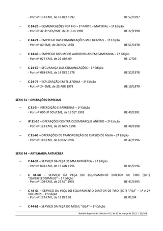 - Port nº 137-EME, de 16 DEZ 1997 BE 52/1997
– C 24-20 – COMUNICAÇÕES POR FIO – 2ª PARTE – MATERIAL – 1ª Edição
- Port nº 42-3ª SCh/EME, de 21 JUN 1990 BE 27/1990
– C 24-21 – EMPREGO DAS COMUNICAÇÕES MULTICANAIS – 1ª Edição
- Port nº 80-EME, de 28 NOV 1978 BE 51/1978
– C 24-40 – EMPREGO DOS MEIOS AUDIOVISUAIS EM CAMPANHA – 2ª Edição
- Port nº 027-EME, de 22 ABR 09 BE 17/09
– C 24-50 – SEGURANÇA DAS COMUNICAÇÕES – 1ª Edição
- Port nº 088-EME, de 14 DEZ 1978 BE 52/1978
– C 24-75 – EXPLORAÇÃO EM TELEFONIA – 2ª Edição
- Port nº 24-EME, de 25 ABR 1979 BE 19/1979
SÉRIE 31 – OPERAÇÕES ESPECIAIS
– C 31-5 – INTERDIÇÃO E BARREIRAS – 1ª Edição
- Port nº 090-3ª SCh/EME, de 19 SET 1991 BE 40/1991
– IP 31-10 – OPERAÇÕES CONTRA DESEMBARQUE ANFÍBIO – 2ª Edição
- Port nº 122-EME, de 20 NOV 1998 BE 48/1998
– C 31-60 – OPERAÇÕES DE TRANSPOSIÇÃO DE CURSOS DE ÁGUA – 2ª Edição
- Port nº 110-EME, de 6 NOV 1996 BE 47/1996
SÉRIE 44 – ARTILHARIA ANTIAÉREA
– C 44-35 – SERVIÇO DA PEÇA 35 MM ANTIAÉREA – 1ª Edição
- Port nº 002-EME, de 15 JAN 1996 BE 05/1996
– C 44-60 – SERVIÇO DA PEÇA DO EQUIPAMENTO DIRETOR DE TIRO (EDT)
"SUPERFLEDERMAUS" – 1ª Edição
- Port nº 108-EME, de 25 SET 1995 BE 41/1995
– C 44-61 – SERVIÇO DA PEÇA DO EQUIPAMENTO DIRETOR DE TIRO (EDT) "FILA" – 1º e 2º
VOLUMES – 2ª Edição
- Port nº 122-EME, de 19 DEZ 03 BE 01/04
– C 44-62 – SERVIÇO DA PEÇA DO MÍSSIL "IGLA" – 1ª Edição
Boletim Especial do Exército nº 2, de 31 de março de 2022. – 79/368
 