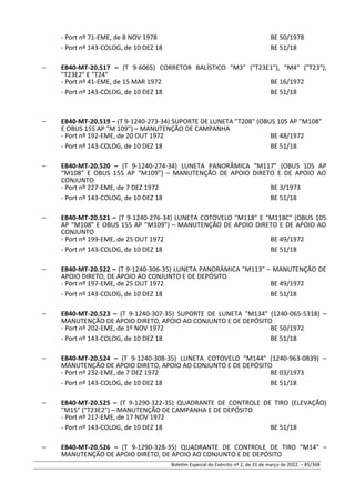 - Port nº 71-EME, de 8 NOV 1978 BE 50/1978
- Port nº 143-COLOG, de 10 DEZ 18 BE 51/18
– EB40-MT-20.517 – (T 9-6065) CORRETOR BALÍSTICO "M3" ("T23E1"), "M4" ("T23"),
"T23E2" E "T24"
- Port nº 41-EME, de 15 MAR 1972 BE 16/1972
- Port nº 143-COLOG, de 10 DEZ 18 BE 51/18
– EB40-MT-20.519 – (T 9-1240-273-34) SUPORTE DE LUNETA "T208" (OBUS 105 AP "M108"
E OBUS 155 AP "M 109") – MANUTENÇÃO DE CAMPANHA
- Port nº 192-EME, de 20 OUT 1972 BE 48/1972
- Port nº 143-COLOG, de 10 DEZ 18 BE 51/18
– EB40-MT-20.520 – (T 9-1240-274-34) LUNETA PANORÂMICA "M117" (OBUS 105 AP
“M108” E OBUS 155 AP “M109”) – MANUTENÇÃO DE APOIO DIRETO E DE APOIO AO
CONJUNTO
- Port nº 227-EME, de 7 DEZ 1972 BE 3/1973
- Port nº 143-COLOG, de 10 DEZ 18 BE 51/18
– EB40-MT-20.521 – (T 9-1240-276-34) LUNETA COTOVELO "M118" E "M118C" (OBUS 105
AP "M108" E OBUS 155 AP "M109") – MANUTENÇÃO DE APOIO DIRETO E DE APOIO AO
CONJUNTO
- Port nº 199-EME, de 25 OUT 1972 BE 49/1972
- Port nº 143-COLOG, de 10 DEZ 18 BE 51/18
– EB40-MT-20.522 – (T 9-1240-306-35) LUNETA PANORÂMICA "M113" – MANUTENÇÃO DE
APOIO DIRETO, DE APOIO AO CONJUNTO E DE DEPÓSITO
- Port nº 197-EME, de 25 OUT 1972 BE 49/1972
- Port nº 143-COLOG, de 10 DEZ 18 BE 51/18
– EB40-MT-20.523 – (T 9-1240-307-35) SUPORTE DE LUNETA "M134" (1240-065-5318) –
MANUTENÇÃO DE APOIO DIRETO, APOIO AO CONJUNTO E DE DEPÓSITO
- Port nº 202-EME, de 1º NOV 1972 BE 50/1972
- Port nº 143-COLOG, de 10 DEZ 18 BE 51/18
– EB40-MT-20.524 – (T 9-1240-308-35) LUNETA COTOVELO "M144" (1240-963-0839) –
MANUTENÇÃO DE APOIO DIRETO, APOIO AO CONJUNTO E DE DEPÓSITO
- Port nº 232-EME, de 7 DEZ 1972 BE 03/1973
- Port nº 143-COLOG, de 10 DEZ 18 BE 51/18
– EB40-MT-20.525 – (T 9-1290-322-35) QUADRANTE DE CONTROLE DE TIRO (ELEVAÇÃO)
"M15" ("T23E2") – MANUTENÇÃO DE CAMPANHA E DE DEPÓSITO
- Port nº 217-EME, de 17 NOV 1972
- Port nº 143-COLOG, de 10 DEZ 18 BE 51/18
– EB40-MT-20.526 – (T 9-1290-328-35) QUADRANTE DE CONTROLE DE TIRO "M14" –
MANUTENÇÃO DE APOIO DIRETO, DE APOIO AO CONJUNTO E DE DEPÓSITO
Boletim Especial do Exército nº 2, de 31 de março de 2022. – 85/368
 