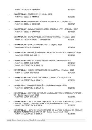 - Port nº 139-DECEx, de 14 AGO 15 BE 34/15
– EB60-MT-34.405 – SALTO LIVRE – 2ª Edição – 2016
- Port nº 033-DECEx, de 7 MAR 16 BE 12/16
– EB60-MT-34.406 – LANÇAMENTO AÉREO DE SUPRIMENTO – 1ª Edição – 2017
- Port nº 201-DECEx, de 29 AGO 17 BE 39/17
– EB60-MT-34.407 – PARAQUEDAS AUXILIARES E DE CARGAS LEVES – 1ª Edição – 2017
- Port nº 264-DECEx, de 27 NOV 17 BE 49/17
– EB60-MT-34.408 – DISPOSITIVOS DE ABERTURA AUTOMÁTICA – 1ª Edição – 2017
- Port nº 293-DECEx, de 28 DEZ 17 (Em Separata) BE 1/18
– EB60-MT-34.409 – GUIA AÉREO AVANÇADO – 1ª Edição – 2018
- Port nº 068-DECEx, de 12 MAR 18 BE 14/18
– EB70-MT-10.401 – PRODUÇÃO DO CONHECIMENTO DE INTELIGÊNCIA – 1ª Edição – 2019
- Port nº 020-COTER, de 7 MAR 19 BE 12/19
– EB70-MT-10.403 – EFEITOS DOS OBSTÁCULOS – Edição Experimental – 2019
- Port nº 161-COTER, de 2 OUT 19 BE 42/19
- Port nº 169-COTER/C Ex, de 3 DEZ 20 BE 51/20
– EB70-MT-10.404 – HIGIENE E SANEAMENTO EM CAMPANHA – 1ª Edição – 2019
- Port nº 157-COTER, de 2 OUT 19 BE 42/19
– EB70-MT-10.408 – INSTALAÇÕES NA ZONA DE COMBATE – 2ª Edição – 2021
- Port nº 142-COTER/C Ex, de 8 DEZ 21 BE 50/21
– EB70-MT-10.411 – VOO EM FORMAÇÃO – Edição Experimental – 2021
- Port nº 056-COTER/C Ex, de 14 JUN 21 BE 25/21
– EB70-MT-11.400 – EMPREGO DA VIATURA BLINDADA ESPECIAL DE SOCORRO “LEOPARD 1
BR” – Edição Experimental – 2020
- Port nº 085-COTER, de 7 JUL 20 BE 30/20
– EB70-MT-11.401 – LISTA DE PROCEDIMENTOS DA VIATURA BLINDADA DE COMBATE
CARRO DE COMBATE “LEOPARD 1 A5 BR” – Edição Experimental – 2020
- Port nº 110-COTER/C Ex, de 3 SET 20 BE 38/20
– EB70-MT-11.402 – LISTA DE PROCEDIMENTOS DA VIATURA BLINDADA DE COMBATE
OBUSEIRO AUTOPROPULSADO “M109 A3” – Edição Experimental – 2020
- Port nº 111-COTER/C Ex, de 3 SET 20 BE 38/20
88/368 – Boletim Especial do Exército nº 2, de 31 de março de 2022.
 