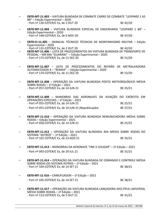 – EB70-MT-11.403 – VIATURA BLINDADA DE COMBATE CARRO DE COMBATE “LEOPARD 1 A5
BR” – Edição Experimental – 2020
- Port nº 130-COTER/C Ex, de 2 OUT 20 BE 42/20
– EB70-MT-11.404 – VIATURA BLINDADA ESPECIAL DE ENGENHARIA “LEOPARD 1 BR” –
Edição Experimental – 2020
- Port nº 148-COTER/C Ex, de 6 NOV 20 BE 47/20
– EB70-CI-11.405 – (MANUAL TÉCNICO) TÉCNICAS DE MONTANHISMO MILITAR – Edição
Experimental – 2020
- Port nº 131-COTER/C Ex, de 2 OUT 20 BE 42/20
– EB70-MT-11.406 – LISTA DE PROCEDIMENTOS DA VIATURA BLINDADA DE TRANSPORTE DE
PESSOAL – MR 6X6 “GUARANI” – Edição Experimental – 2020
- Port nº 173-COTER/C Ex, de 11 DEZ 20 BE 51/20
– EB70-MT-11.407 – LISTA DE PROCEDIMENTOS DO REPARO DE METRALHADORA
AUTOMATIZADA X – “REMAX” – Edição Experimental – 2020
- Port nº 174-COTER/C Ex, de 11 DEZ 20 BE 51/20
– EB70-MT-11.408 – OPERAÇÃO DA VIATURA BLINDADA POSTO METEOROLÓGICO MÉDIA
SOBRE RODAS – 1ª Edição – 2021
- Port nº 057-COTER/C Ex, de 14 JUN 21 BE 25/21
– EB70-MT-11.409 – MANOBRAS DAS AERONAVES DA AVIAÇÃO DO EXÉRCITO EM
OPERAÇÕES ESPECIAIS – 1ª Edição – 2021
- Port nº 055-COTER/C Ex, de 14 JUN 21 BE 25/21
- Port nº 055-COTER/C Ex, de 14 JUN 21 (Republicação) BE 27/21
– EB70-MT-11.410 – OPERAÇÃO DA VIATURA BLINDADA REMUNICIADORA MÉDIA SOBRE
RODAS – Edição Experimental – 2021
- Port nº 058-COTER/C Ex, de 14 JUN 21 BE 25/21
– EB70-MT-11.412 – OPERAÇÃO DA VIATURA BLINDADA 4X4 MÉDIA SOBRE RODAS DO
SISTEMA “ASTROS” – 1ª Edição – 2021
- Port nº 101-COTER/C Ex, de 23 AGO 21 BE 35/21
– EB70-MT-11.413 – MANOBRAS DA AERONAVE “HM-3 COUGAR” – 1ª Edição – 2021
- Port nº 093-COTER/C Ex, de 29 JUL 21 BE 31/21
– EB70-MT-11.414 – OPERAÇÃO DA VIATURA BLINDADA DE COMANDO E CONTROLE MÉDIA
SOBRE RODAS DO SISTEMA ASTROS – 1ª Edição – 2021
- Port nº 104-COTER/C Ex, de 14 SET 21 BE 38/21
– EB70-MT-11.416 – CAMUFLAGEM – 1ª Edição – 2021
- Port nº 105-COTER/C Ex, de 14 SET 21 BE 38/21
– EB70-MT-11.417 – OPERAÇÃO DA VIATURA BLINDADA LANÇADORA MÚLTIPLA UNIVERSAL
MÉDIA SOBRE RODAS – 1ª Edição – 2021
- Port nº 113-COTER/C Ex, de 5 OUT 21 BE 41/21
Boletim Especial do Exército nº 2, de 31 de março de 2022. – 89/368
 