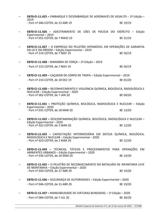 – EB70-CI-11.425 – EMBARQUE E DESEMBARQUE DE AERONAVES DE ASSALTO – 2ª Edição –
2019
- Port nº 046-COTER, de 23 ABR 19 BE 19/19
– EB70-CI-11.426 – ADESTRAMENTO DE CÃES DE POLÍCIA DO EXÉRCITO – Edição
Experimental – 2019
- Port nº 051-COTER, de 7 MAIO 19 BE 21/19
– EB70-CI-11.427 – O EMPREGO DO PELOTÃO HIPOMÓVEL EM OPERAÇÕES DE GARANTIA
DA LEI E DA ORDEM – Edição Experimental – 2019
- Port nº 214-COTER, de 7 NOV 19 BE 50/19
– EB70-CI-11.428 – MANOBRA DE FORÇA – 2ª Edição – 2019
- Port nº 215-COTER, de 7 NOV 19 BE 50/19
– EB70-CI-11.429 – CAÇADOR DE CORPO DE TROPA – Edição Experimental – 2019
- Port nº 233-COTER, de 18 DEZ 19 BE 01/20
– EB70-CI-11.430 – RECONHECIMENTO E VIGILÂNCIA QUÍMICA, BIOLÓGICA, RADIOLÓGICA E
NUCLEAR – Edição Experimental – 2020
- Port nº 002-COTER, de 7 JAN 20 BE 04/20
– EB70-CI-11.431 – PROTEÇÃO QUÍMICA, BIOLÓGICA, RADIOLÓGICA E NUCLEAR – Edição
Experimental – 2020
- Port nº 031-COTER, de 18 MAR 20 BE 13/20
– EB70-CI-11.432 – DESCONTAMINAÇÃO QUÍMICA, BIOLÓGICA, RADIOLÓGICA E NUCLEAR –
Edição Experimental – 2020
- Port nº 022-COTER, de 2 MAR 20 BE 12/20
– EB70-CI-11.433 – CAPACITAÇÃO INTERMEDIÁRIA EM DEFESA QUÍMICA, BIOLÓGICA,
RADIOLÓGICA E NUCLEAR – Edição Experimental – 2020
- Port nº 023-COTER, de 2 MAR 20 BE 12/20
– EB70-CI-11.434 – TÉCNICAS, TÁTICAS E PROCEDIMENTOS PARA OPERAÇÕES EM
AMBIENTES URBANOS – Edição Experimental – 2020
- Port nº 036-COTER, de 24 MAR 20 BE 14/20
– EB70-CI-11.435 – O PELOTÃO DE RECONHECIMENTO DO BATALHÃO DE INFANTARIA LEVE
DE MONTANHA – Edição Experimental – 2020
- Port nº 050-COTER, de 27 ABR 20 BE 19/20
– EB70-CI-11.436 – SEGURANÇA DE AUTORIDADES – Edição Experimental – 2020
- Port nº 046-COTER, de 15 ABR 20 BE 19/20
– EB70-CI-11.437 – MANEABILIDADE DE VIATURAS BLINDADAS – 1ª Edição – 2020
- Port nº 084-COTER, de 7 JUL 20 BE 30/20
Boletim Especial do Exército nº 2, de 31 de março de 2022. – 97/368
 
