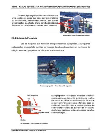 MCIIPE – MANUAL DE COMBATE A INCÊNDIOS EM INSTALAÇÕES PORTUÁRIAS E EMBARCAÇÕES
COLETÂNEA DE MANUAIS TÉCNICOS DE BOMBEIROS
53
Balaustradas – Foto: Manual do tripulante
2.3.3 Sistema de Propulsão
São as máquinas que fornecem energia mecânica à propulsão. As pequenas
embarcações em geral são movidas por motores diesel que transmitem um movimento de
rotação a um eixo que possui um hélice em sua extremidade.
Sistema de propulsão – Foto: Manual do tripulante
Eixo propulsor – Foto: Manual do tripulante
 