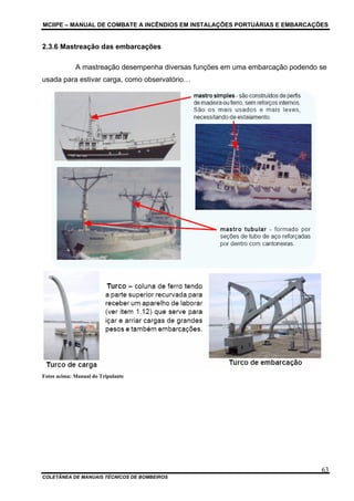 MCIIPE – MANUAL DE COMBATE A INCÊNDIOS EM INSTALAÇÕES PORTUÁRIAS E EMBARCAÇÕES
COLETÂNEA DE MANUAIS TÉCNICOS DE BOMBEIROS
63
2.3.6 Mastreação das embarcações
A mastreação desempenha diversas funções em uma embarcação podendo se
usada para estivar carga, como observatório…
Fotos acima: Manual do Tripulante
 