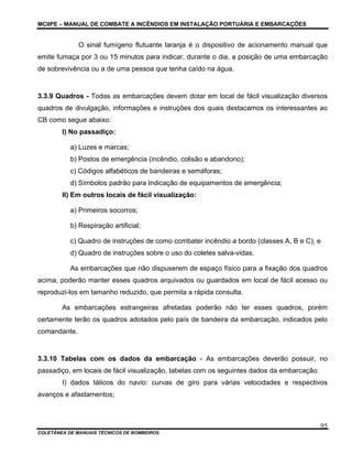 MCIIPE – MANUAL DE COMBATE A INCÊNDIOS EM INSTALAÇÃO PORTUÁRIA E EMBARCAÇÕES
COLETÂNEA DE MANUAIS TÉCNICOS DE BOMBEIROS
95
O sinal fumígeno flutuante laranja é o dispositivo de acionamento manual que
emite fumaça por 3 ou 15 minutos para indicar, durante o dia, a posição de uma embarcação
de sobrevivência ou a de uma pessoa que tenha caído na água.
3.3.9 Quadros - Todas as embarcações devem dotar em local de fácil visualização diversos
quadros de divulgação, informações e instruções dos quais destacamos os interessantes ao
CB como segue abaixo:
I) No passadiço:
a) Luzes e marcas;
b) Postos de emergência (incêndio, colisão e abandono);
c) Códigos alfabéticos de bandeiras e semáforas;
d) Símbolos padrão para Indicação de equipamentos de emergência;
II) Em outros locais de fácil visualização:
a) Primeiros socorros;
b) Respiração artificial;
c) Quadro de instruções de como combater incêndio a bordo (classes A, B e C), e
d) Quadro de instruções sobre o uso do coletes salva-vidas.
As embarcações que não dispuserem de espaço físico para a fixação dos quadros
acima, poderão manter esses quadros arquivados ou guardados em local de fácil acesso ou
reproduzi-los em tamanho reduzido, que permita a rápida consulta.
As embarcações estrangeiras afretadas poderão não ter esses quadros, porém
certamente terão os quadros adotados pelo país de bandeira da embarcação, indicados pelo
comandante.
3.3.10 Tabelas com os dados da embarcação - As embarcações deverão possuir, no
passadiço, em locais de fácil visualização, tabelas com os seguintes dados da embarcação:
I) dados táticos do navio: curvas de giro para várias velocidades e respectivos
avanços e afastamentos;
 