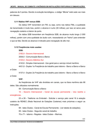 MCIIPE – MANUAL DE COMBATE A INCÊNDIOS EM INSTALAÇÕES PORTUÁRIAS E EMBARCAÇÕES
COLETÂNEA DE MANUAIS TÉCNICOS DE BOMBEIROS
165
palavras de 5 pontos. Devido à evolução tecnológica, o código “Morse” está cada vez mais
em desuso.
5.11 Rádios VHF versus SSB:
Os rádios VHF transmitem em FM, ou seja, como nas rádios FMs, a qualidade
da transmissão é muito boa, porém o alcance é curto (30 milhas), por isso só serve para
navegação costeira e interior de porto.
Os rádios SSB transmitem em freqüência SSB, de alcance muito longo (1.000
milhas), porém com uma qualidade de áudio ruim, necessitando um "treino" para entender
o que se fala. Devido ao alcance é indicado para navegação de alto mar.
5.12 Freqüências mais usadas:
SSB:
2182,0 - Socorro Internacional
2636,0 - Comunicação Barco a Barco
4125,0 - Socorro Atlântico Sul
4143,6 - Simplex Internacional - Uso geral para o serviço móvel marítimo
4431,8 - Duplex 1a Freqüência de trabalho para Iatismo - Barco a Barco e Barco
a Clube
4137,4 - Duplex 2a Freqüência de trabalho para Iatismo - Barco a Barco e Barco
a Clube
VHF:
As freqüências de VHF são divididas em canais, que na faixa marítima são 88
deles. São utilizados normalmente:
06 - Comunicação Barco a Barco
16 - Socorro Internacional - Canal de escuta permanente - Uso restrito a
emergências.
23 a 28 - Telefonia via Embratel - Solicitar o serviço pelo canal 16 à estação
costeira da RENEC (Rede Nacional de Estações Costeiras) mais próximas e seguir as
instruções.
68 - Iates Clubes - Canal de Escuta Permanente - (ver tabela de estações).
69 - Iates Clubes - Segundo canal de trabalho.
70 e 71 - Iatismo - Regatas - Iates Clubes – Marinas.
 