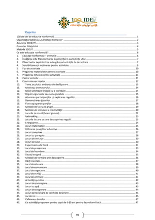 99
Cuprins
100 de idei de educaţie nonformală............................................................................................................................. 1
Organizaţia Naţională „Cercetaşii României” ............................................................................................................... 2
Asociaţia CREATIV......................................................................................................................................................... 3
Povestea băieţelului ..................................................................................................................................................... 4
Metoda SCOUT ............................................................................................................................................................. 5
Ce este educaţie nonformală?...................................................................................................................................... 6
1. Educaţie nonformală – animaţie.......................................................................................................................... 6
2. Învăţarea este transformarea experienţei în cunoştinţe utile............................................................................. 7
3. Obiectivelor explicite li se adaugă oportunităţile de dezvoltare ......................................................................... 7
4. Sensibilizarea şi motivarea pentru activitate....................................................................................................... 9
5. Fişa de activitate ................................................................................................................................................ 10
6. Pregătirea materialelor pentru activitate .......................................................................................................... 10
7. Pregătirea tehnică pentru activitate.................................................................................................................. 11
8. Cadrul simbolic................................................................................................................................................... 11
9. Construirea echipelor......................................................................................................................................... 12
10. Tema jocului şi ambianţa de desfăşurare...................................................................................................... 13
11. Motivaţia animatorului.................................................................................................................................. 14
12. Orice schimbare începe cu o întrebare.......................................................................................................... 14
13. Reguli negociabile sau nenegociabile............................................................................................................ 15
14. Adunarea participanţilor şi explicarea regulilor............................................................................................ 16
15. Demonstrarea jocurilor ................................................................................................................................. 17
16. Fluctuaţia participanţilor ............................................................................................................................... 18
17. Metode de lucru pe grupe............................................................................................................................. 19
18. Metode de stimulare a creativităţii:.............................................................................................................. 20
19. Jocurile de masă (board games) .................................................................................................................... 22
20. Icebreaking .................................................................................................................................................... 23
21. Jocurile în care se cere descoperirea regulii.................................................................................................. 23
22. Energizante.................................................................................................................................................... 24
23. Jocuri matematice ......................................................................................................................................... 25
24. Utilizarea poveştilor educative...................................................................................................................... 26
25. Jocuri complexe ............................................................................................................................................. 27
26. Jocuri cu paraşuta.......................................................................................................................................... 28
27. Jocuri de imitaţie ........................................................................................................................................... 30
28. Jocuri de salut................................................................................................................................................ 30
29. Experimente de fizică .................................................................................................................................... 31
30. Jocul de prezentare ....................................................................................................................................... 33
31. Jocul de încredere.......................................................................................................................................... 34
32. Situaţii enigmă............................................................................................................................................... 35
33. Metode de formare prin descoperire............................................................................................................ 36
34. Hărţi mentale................................................................................................................................................. 37
35. Jocul de relaxare............................................................................................................................................ 38
36. Jocul de comunicare ...................................................................................................................................... 39
37. Jocul de negociere ......................................................................................................................................... 40
38. Jocul de echipă .............................................................................................................................................. 41
39. Jocul de afirmare ........................................................................................................................................... 41
40. Activităţi sportive........................................................................................................................................... 42
41. Jocuri de cunoaştere...................................................................................................................................... 43
42. Jocuri cu apă .................................................................................................................................................. 43
43. Jocuri de cooperare ....................................................................................................................................... 44
44. Jocuri de rezolvare de conflicte-descriere..................................................................................................... 45
45. Joc de rol........................................................................................................................................................ 45
46. Cafeneaua Lumilor......................................................................................................................................... 47
47. Ce activităţi propunem pentru copii de 6-10 ani pentru dezvoltare fizică.................................................... 47
 