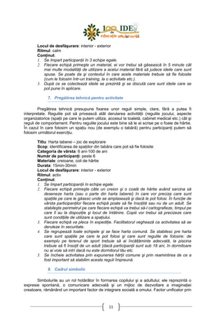 11
Locul de desfăşurare: interior - exterior
Ritmul: calm
ConŃinut:
1. Se împart participanŃii în 3 echipe egale.
2. Fiecare echipă primeşte un material, ei vor trebui să găsească în 5 minute cât
mai multe modalităŃi de utilizare a acelui material fără să judece ideile care sunt
spuse. Se poate da şi contextul în care acele materiale trebuie să fie folosite
(cum le folosim într-un training, la o activitate etc.).
3. După ce se colectează ideile se prezintă şi se discută care sunt ideile care se
pot pune în aplicare.
7. Pregătirea tehnică pentru activitate
Pregătirea tehnică presupune fixarea unor reguli simple, clare, fără a putea fi
interpretate. Regulile pot să privească atât derularea activităŃii (regulile jocului, aspecte
organizatorice (spaŃii pe care le putem utiliza, accesul la toaletă, cabinet medical etc.) cât şi
reguli de comportament. Pentru regulile jocului este bine să le ai scrise pe o foaie de hârtie.
În cazul în care folosim un spaŃiu nou (de exemplu o tabără) pentru participanŃi putem să
folosim următorul exerciŃiu.
Titlu: Harta taberei – joc de explorare
Scop: identificarea de spaŃiilor din tabăra care pot să fie folosite
Categoria de vârsta: 6 ani-100 de ani
Număr de participanŃi: peste 6
Materiale: creioane, coli de hârtie
Durata: 15min-30min
Locul de desfăşurare: interior - exterior
Ritmul: activ
ConŃinut:
1. Se împart participanŃii în echipe egale.
2. Fiecare echipă primeşte câte un creion şi o coală de hârtie având sarcina să
deseneze harta (sau o parte din harta taberei) în care vor preciza care sunt
spaŃiile pe care le găsesc unde se amplasează şi dacă le pot folosi. În funcŃie de
vârsta participanŃilor fiecare echipă poate să fie însoŃită sau nu de un adult. Se
stabileşte perimetrul pe care fiecare echipă va trebui să-l cartografieze, timpul pe
care îl au la dispoziŃie şi locul de întâlnire. Copiii vor trebui să precizeze care
sunt condiŃiile de utilizare a spaŃiului.
3. Fiecare echipă va pleca în expediŃie. Facilitatorul veghează ca activitatea să se
deruleze în securitate.
4. Se regrupează toate echipele şi se face harta comună. Se stabilesc pre harta
care sunt spaŃiile pe care le pot folosi şi care sunt regulile de folosire: de
exemplu pe terenul de sport trebuie să ai încălŃăminte adecvată, la piscina
trebuie să fi însoŃit de un adult (dacă participanŃii sunt sub 18 ani, în dormitoare
nu ai voie să intri dacă nu este dormitorul tău etc.
5. Se încheie activitatea prin expunerea hărŃii comune şi prin reamintirea de ce a
fost important să stabilim aceste reguli împreună.
8. Cadrul simbolic
Simbolurile au un rol hotărâtor în formarea copilului şi a adultului; ele reprezintă o
expresie spontană, o comunicare adecvată şi un mijloc de dezvoltare a imaginaŃiei
creatoare, rămânând un important factor de integrare socială a omului. Factor unificator prin
 