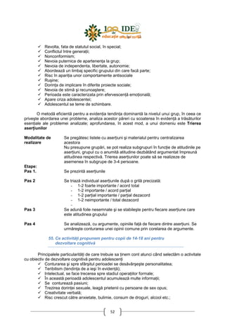 52
Revolta, fata de statutul social, în special;
Conflictul între generaŃii;
Nonconformism;
Nevoia puternica de apartenenŃa la grup;
Nevoia de independenta, libertate, autonomie;
Abordează un limbaj specific grupului din care facă parte;
Risc în apariŃia unor comportamente antisociale
Ruşine;
DorinŃa de implicare în diferite proiecte sociale;
Nevoia de stimă şi recunoaştere;
Perioada este caracterizata prin efervescenŃă emoŃională;
Apare criza adolescentei;
Adolescentul se teme de schimbare.
O metodă eficientă pentru a evidenŃia tendinŃa dominantă la nivelul unui grup, în ceea ce
priveşte abordarea unei probleme, analiza acestor păreri cu scoaterea în evidenŃă a trăsăturilor
esenŃiale ale problemei analizate; aprofundarea, în acest mod, a unui domeniu este Trierea
aserŃiunilor
Modalitate de
realizare
Se pregătesc listele cu aserŃiuni şi materialul pentru centralizarea
acestora
Nu presupune grupări, se pot realiza subgrupuri în funcŃie de atitudinile pe
aserŃiuni, grupul cu o anumită atitudine dezbătând argumentat împreună
atitudinea respectivă. Trierea aserŃiunilor poate să se realizeze de
asemenea în subgrupe de 3-4 persoane.
Etape:
Pas 1. Se prezintă aserŃiunile
Pas 2 Se triază individual aserŃiunile după o grilă precizată:
- 1-2 foarte importante / acord total
- 1-2 importante / acord parŃial
- 1-2 parŃial importante / parŃial dezacord
- 1-2 neimportante / total dezacord
-
Pas 3 Se adună foile nesemnate şi se stabileşte pentru fiecare aserŃiune care
este atitudinea grupului
Pas 4 Se analizează, cu argumente, opiniile faŃă de fiecare dintre aserŃiuni. Se
urmăreşte conturarea unei opinii comune prin corelarea de argumente.
55. Ce activităŃi propunem pentru copii de 14-18 ani pentru
dezvoltare cognitivă
Principalele particularităŃi de care trebuie sa Ńinem cont atunci când selectăm o activitate
cu obiectiv de dezvoltare cognitivă pentru adolescenŃi
Conturarea şi spre sfârşitul perioadei se desăvârşeşte personalitatea;
Teribilism (tendinŃa de a ieşi în evidenŃă);
Intelectual, se face trecerea spre stadiul operaŃiilor formale;
În această perioadă adolescentul acumulează multe informaŃii;
Se conturează pasiuni;
Trezirea dorinŃei sexuale, leagă prietenii cu persoane de sex opus;
Creativitate verbală;
Risc crescut către anxietate, bulimie, consum de droguri, alcool etc.;
 