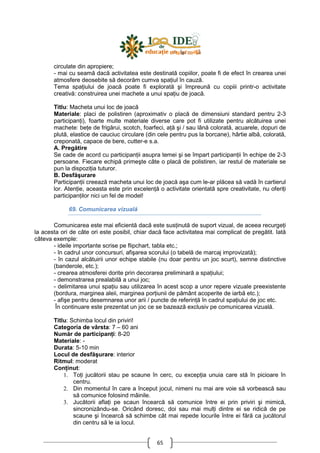 65
circulate din apropiere;
- mai cu seamă dacă activitatea este destinată copiilor, poate fi de efect în crearea unei
atmosfere deosebite să decorăm cumva spaŃiul în cauză.
Tema spaŃiului de joacă poate fi explorată şi împreună cu copiii printr-o activitate
creativă: construirea unei machete a unui spaŃiu de joacă.
Titlu: Macheta unui loc de joacă
Materiale: placi de polistiren (aproximativ o placă de dimensiuni standard pentru 2-3
participanŃi), foarte multe materiale diverse care pot fi utilizate pentru alcătuirea unei
machete: beŃe de frigărui, scotch, foarfeci, aŃă şi / sau lână colorată, acuarele, dopuri de
plută, elastice de cauciuc circulare (din cele pentru pus la borcane), hârtie albă, colorată,
creponată, capace de bere, cutter-e s.a.
A. Pregătire
Se cade de acord cu participanŃii asupra temei şi se împart participanŃii în echipe de 2-3
persoane. Fiecare echipă primeşte câte o placă de polistiren, iar restul de materiale se
pun la dispoziŃia tuturor.
B. Desfăşurare
ParticipanŃii creează macheta unui loc de joacă aşa cum le-ar plăcea să vadă în cartierul
lor. AtenŃie, aceasta este prin excelenŃă o activitate orientată spre creativitate, nu oferiŃi
participanŃilor nici un fel de model!
69. Comunicarea vizuală
Comunicarea este mai eficientă dacă este susŃinută de suport vizual, de aceea recurgeŃi
la acesta ori de câte ori este posibil, chiar dacă face activitatea mai complicat de pregătit. Iată
câteva exemple:
- ideile importante scrise pe flipchart, tabla etc.;
- în cadrul unor concursuri, afişarea scorului (o tabelă de marcaj improvizată);
- în cazul alcătuirii unor echipe stabile (nu doar pentru un joc scurt), semne distinctive
(banderole, etc.);
- crearea atmosferei dorite prin decorarea preliminară a spaŃiului;
- demonstrarea prealabilă a unui joc;
- delimitarea unui spaŃiu sau utilizarea în acest scop a unor repere vizuale preexistente
(bordura, marginea aleii, marginea porŃiunii de pământ acoperite de iarbă etc.);
- afişe pentru desemnarea unor arii / puncte de referinŃă în cadrul spaŃiului de joc etc.
În continuare este prezentat un joc ce se bazează exclusiv pe comunicarea vizuală.
Titlu: Schimba locul din priviri!
Categoria de vârsta: 7 – 60 ani
Număr de participanŃi: 8-20
Materiale: -
Durata: 5-10 min
Locul de desfăşurare: interior
Ritmul: moderat
ConŃinut:
1. ToŃi jucătorii stau pe scaune în cerc, cu excepŃia unuia care stă în picioare în
centru.
2. Din momentul în care a început jocul, nimeni nu mai are voie să vorbească sau
să comunice folosind mâinile.
3. Jucătorii aflaŃi pe scaun încearcă să comunice între ei prin priviri şi mimică,
sincronizându-se. Oricând doresc, doi sau mai mulŃi dintre ei se ridică de pe
scaune şi încearcă să schimbe cât mai repede locurile între ei fără ca jucătorul
din centru să le ia locul.
 
