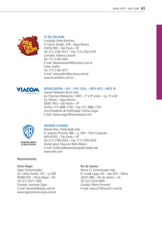 MÍDIA FATOS - ABTA 2009   63




                     TV RÁ TIM BUM
                     Fundação Padre Anchieta
                     R. Cenno Sbrighi, 378 – Água Branca
                     05036-900 – São Paulo – SP
                     Tel: (11) 2182-3017 – Fax: (11) 2182-3797
                     Contatos: Fabiana Zanardi
                     Tel: (11) 2182-3005
                     E-mail: fabianazanardi@tvcultura.com.br
                     Celso Coelho
                     Tel: (11) 2182-3017
                     E-mail: celsocoelho@tvcultura.com.br
                     www.tvratimbum.com.br


                     NICKELODEON – VH1 – VH1 SOUL – MTV HITS – NICK JR.
                     Viacom Networks Brasil Ltda.
                     Av. Francisco Matarazzo, 1.400 – 7º e 8º andar – cjs. 72 e 82
                     Ed. Milano – Água Branca
                     05001-903 – São Paulo – SP
                     Tel/Fax: (11) 3866-1730 – Fax: (11) 3866-1734
                     Vice-Presidente de Publicidade: Fátima Zagari
                     E-mail: fatima.zagari@viacombrasil.com


                     WARNER CHANNEL
                     Warner Bros. Publicidade Ltda.
                     R. Joaquim Floriano, 466 – cj. 404 – Torre Corporate
                     04534-002 – São Paulo – SP
                     Tel: (11) 3799-3020 – Fax: (11) 3799-3030
                     Diretor-geral: Mauricio Rollo Ribeiro
                     E-mail: mribeiro@warnerbrospublicidade.com
                     www.wbla.com

Representantes

Porto Alegre                                       Rio de Janeiro
Zigon Comunicações                                 Marca 21 Comunicação Ltda.
Av. Carlos Gomes, 141 – cj. 606                    R. Conde Lages, 44 – sala 919 – Glória
90480-003 – Porto Alegre – RS                      20241-080 – Rio de Janeiro – RJ
Tel: (51) 3021-7300                                Tel: (21) 2224-0095
Contato: Leonardo Zigon                            Contato: Marta Pimentel
E-mail: leonardo@zigon.com.br                      E-mail: marca21@marca21.com.br
www.zigoncomunicacoes.com.br
 