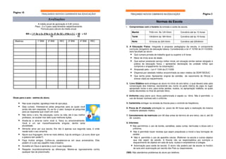 Página 10
                             TRAÇANDO NOVOS CAMINHOS NA EDUCAÇÃO!                               !OÃÇACUDE AN SOHNIMAC SOVON ODNAÇART                                        Página 3

                                    Avaliações
                                                                                                                           Normas da Escola
                        A média anual de aprovação é 5,00 (cinco).
                      Peso: 2 e 3 para cada bimestre respectivamente.                       1. Compromisso com o horário de entrada e saída da escola.
                           Fórmula para cálculo da média anual:
                                                                                                 Manhã             7h30 min. Ás 12h15min            Convênio até às 13 horas
            MA = ( 1ª Av x 2+ 2ªAv x 3+ 3ª Av X2 + 4ªAv x 3 ) = 50 = 5,0
                                    10                         10                                Tarde             13h30min às 18h15min             Convênio até às 19 horas

 Matérias                1º BIM    2º BIM      REC      3º BIM      4º BIM     REC               Noite             19 horas às 22h15min             Convênio até 22h45min

                                                                                            2. A Educação Física: integrada á proposta pedagógica da escola, é componente
                                                                                               curricular obrigatório da educação básica. Considerando a lei nº 10793 de 01/12/2003,
                                                                                               será facultado ao aluno:
                                                                                                • Que cumpra jornada de trabalho igual ou superior a 6 horas
                                                                                                • Maior de trinta anos de idade;
                                                                                                • Que estiver prestando serviço militar inicial, em situação similar estiver obrigado à
                                                                                                   prática da educação física; ( apresentar declaração da unidade militar que
                                                                                                   comprove o engajamento na corporação);
                                                                                                •  Amparado pela – Lei nº 1044 de 21/10/69
                                                                                                • Dispensa por atestado médico encaminhado ao setor médico da DEAF/SEDUC.
                                                                                                • Que tenha prole: Apresentar original de certidão de nascimento do filho(a) e
                                                                                                   anexar cópia ao requerimento.

                                                                                            3. Livro Didático será entregue ao aluno no início do ano letivo, o qual deverá zelar pela
                                                                                               conservação dos mesmos, escrevendo seu nome na parte interna da capa no lugar
                                                                                               apropriado nome e ano, para evitar perdas, roubos, ou apropriação indébita, os quais
                                                                                               serão devolvidos no final do período letivo.

                                                                                            4. Uniforme calça jeans azul, blusa padronizada e sapato ou tênis. Não é permitido o
Dicas para a auto - estima do aluno.                                                           uso de blusas/ camisas sob o uniforme.

     • Nas suas orações, agradeça mais do que peça.                                         5. Carteirinha entregar na entrada da Escola para o controle da freqüência.
     • Seja curioso. Interesse-se pelas perguntas para as quais você                        6. Prova de 2ª chamada solicitação no prazo de 48 horas após a realização da mesma
         ainda não tem respostas. Ou se for o caso, busque as perguntas
                                                                                               mediante atestado médico.
         para as respostas que vivem em você.
     •   Não tema o erro. Na educação, como na vida, ele é seu melhor                       7. Cancelamento da matrícula com 60 dias antes do término do ano letivo, isto é, até 30
         professor, se souber tirar dele suas melhores lições.                                 de outubro.
     •   Aceite-se e ame-se como você é, física ou emocionalmente.
         Você é um ser maravilhosamente singular, dentre tanta                              8. Informes:
         pluralidade.                                                                            • Não permitimos o uso de bonés, sandálias, saias curtas, bermudas e blusa sob o
     •   Alimente amor por sua escola. Ela não é apenas sua segunda casa, é onde                   uniforme;
         reside todo o seu amanhã.                                                               • Não é permitido trazer revistas que sejam prejudiciais a moral e boa formação de
     •   Apure sua linguagem, torne-se mais afetiva, fuja do ambíguo ( já ouviu dizer que          caráter;
         a palavra tem poder?).                                                                   • Não é permitido o uso de aparelho celular, Walkman na escola e outros objetos
     •   Faça muitos amigos. Cultive-os, parabenize-os em seus aniversários. Eles                   que não sejam de estudo. A Escola não se responsabiliza por sumiços e
         podem vir a ser seu espelho mais cristalino.                                               esquecimento de objetos em sala de aula, roubos e empréstimos à colegas.
     •   Acredite em Deus e aprenda a ouvir suas respostas.                                       • Autorização para saída da escola. O aluno não poderá sair da escola no horário
                                                                                                    de aula sem autorização por escrito dos Pais ou responsáveis.
     • Respeite incondicionalmente as diferenças. Mostre-se rigorosamente contra
         qualquer tipo de preconceito.                                                      OBS: Não atendemos problemas do aluno por telefone.
 