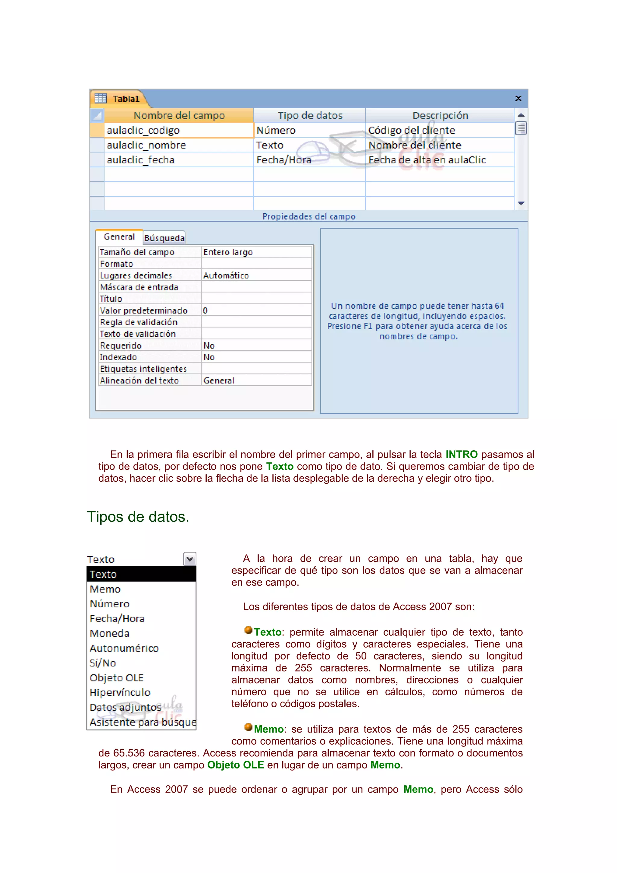 En la primera fila escribir el nombre del primer campo, al pulsar la tecla INTRO pasamos al
 tipo de datos, por defecto nos pone Texto como tipo de dato. Si queremos cambiar de tipo de
 datos, hacer clic sobre la flecha de la lista desplegable de la derecha y elegir otro tipo.


Tipos de datos.

                               A la hora de crear un campo en una tabla, hay que
                             especificar de qué tipo son los datos que se van a almacenar
                             en ese campo.

                                Los diferentes tipos de datos de Access 2007 son:

                                   Texto: permite almacenar cualquier tipo de texto, tanto
                             caracteres como dígitos y caracteres especiales. Tiene una
                             longitud por defecto de 50 caracteres, siendo su longitud
                             máxima de 255 caracteres. Normalmente se utiliza para
                             almacenar datos como nombres, direcciones o cualquier
                             número que no se utilice en cálculos, como números de
                             teléfono o códigos postales.

                                 Memo: se utiliza para textos de más de 255 caracteres
                            como comentarios o explicaciones. Tiene una longitud máxima
 de 65.536 caracteres. Access recomienda para almacenar texto con formato o documentos
 largos, crear un campo Objeto OLE en lugar de un campo Memo.

   En Access 2007 se puede ordenar o agrupar por un campo Memo, pero Access sólo
 