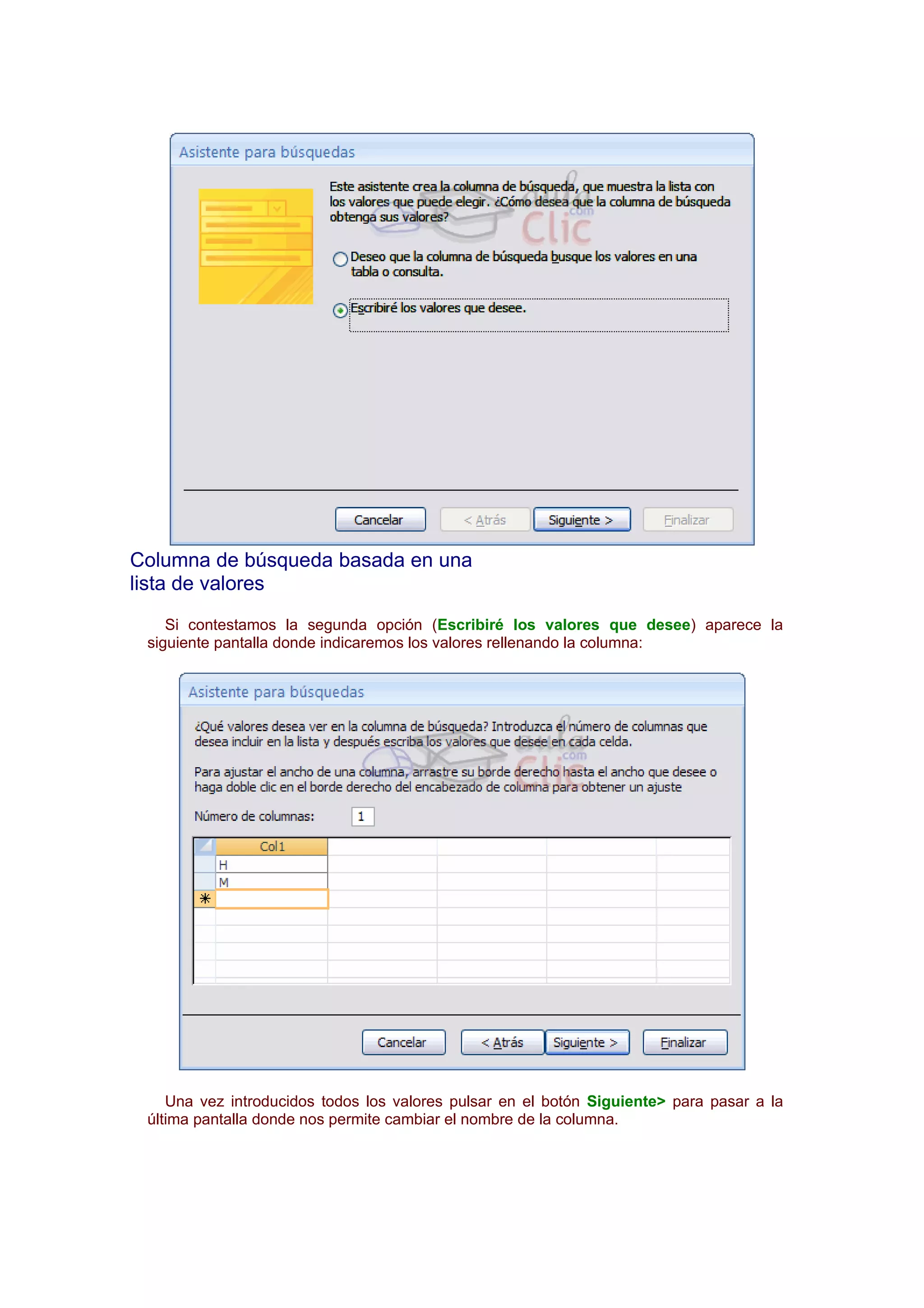 Columna de búsqueda basada en una
lista de valores
    Si contestamos la segunda opción (Escribiré los valores que desee) aparece la
 siguiente pantalla donde indicaremos los valores rellenando la columna:




    Una vez introducidos todos los valores pulsar en el botón Siguiente> para pasar a la
 última pantalla donde nos permite cambiar el nombre de la columna.
 