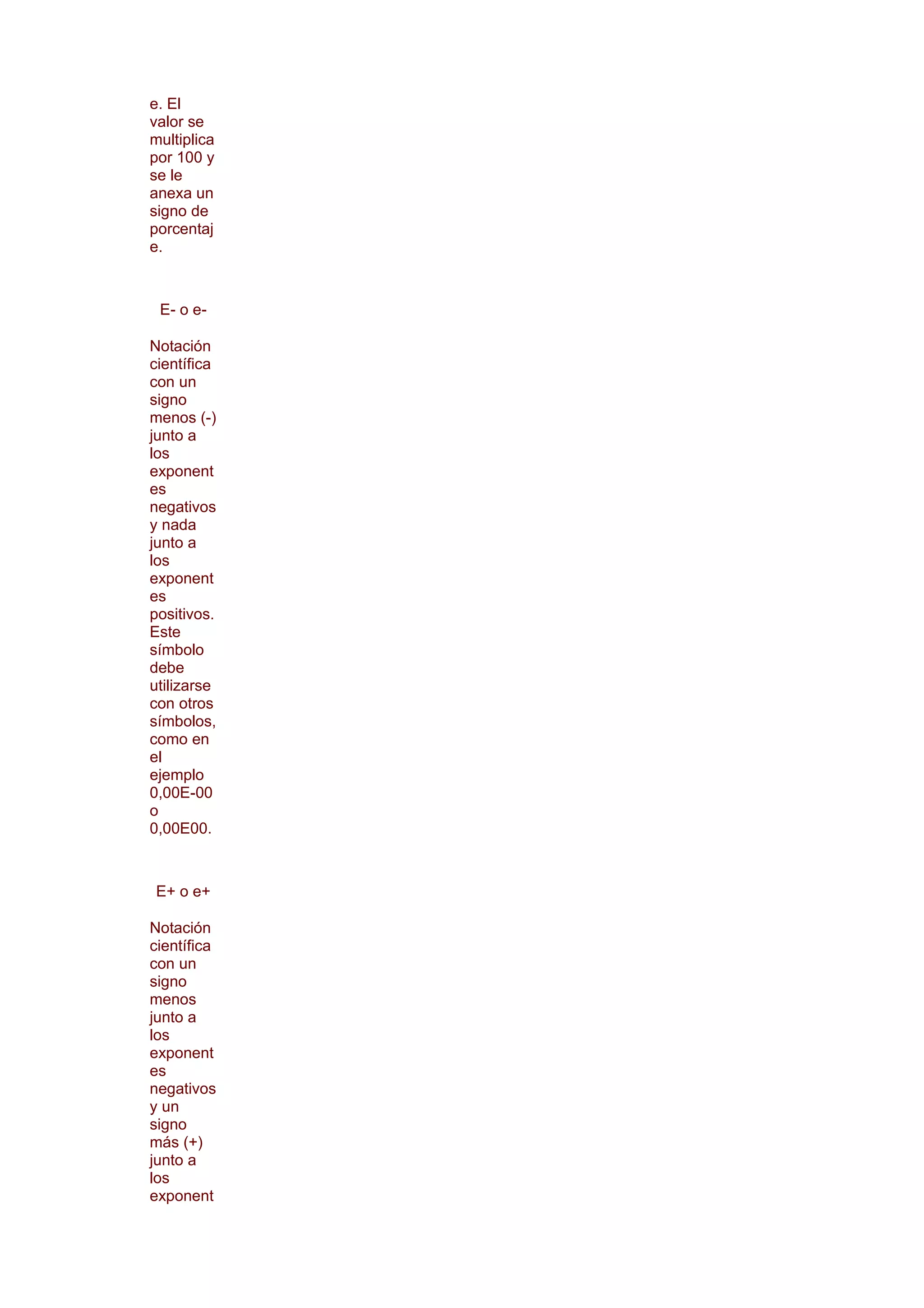 e. El
valor se
multiplica
por 100 y
se le
anexa un
signo de
porcentaj
e.



 E- o e-

Notación
científica
con un
signo
menos (-)
junto a
los
exponent
es
negativos
y nada
junto a
los
exponent
es
positivos.
Este
símbolo
debe
utilizarse
con otros
símbolos,
como en
el
ejemplo
0,00E-00
o
0,00E00.



E+ o e+

Notación
científica
con un
signo
menos
junto a
los
exponent
es
negativos
y un
signo
más (+)
junto a
los
exponent
 