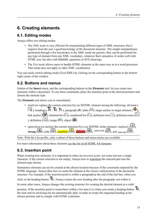 6. Creating elements
6.1. Editing modes
Amaya offers two editing modes:
• The XML mode is very efficient for manipulating different types of XML structures, but it
requires from the user a good knowledge of the document structure. The simple manipulations
performed through a few keystrokes in the XML mode are generic: they can be performed for
any type of element from any XML vocabulary, whatever their semantics. It works well with
HTML text, but also with MathML equations or SVG drawings.
• The Text mode allows users to handle HTML elements in the same way as in a word processor.
That mode does not apply to other XML vocabularies.
You can easily switch editing mode (Text/XML) by clicking on the corresponding button in the bottom
right corner of the window.
6.2. Buttons and menus
Entries of the Insert menu, and the corresponding buttons in the Elements tool, let you create new
elements within a document. To use these commands, place the insertion point at the desired position and
choose the element type.
The Elements tool allows you to immediately
• insert (or replace the current selection by) an XHTML element among the following: division (
), headings ( , , ), paragraph (P), table ( ), target anchor or target element ( ),
link anchor ( ), bulleted list ( ), numbered list ( ), definition list ( ), definition term (
), definition ( ), image ( ), object ( ).
• open/close (or enclose the current selection by) a an XHTML inline element: emphasis ( ),
strong ( ) code ( ), insertion ( ), deletion ( ), superscript
( ), and subscript ( ).
Note: With the Lite profile, only a subset of these buttons and menu entries are available.
For more information about these elements see the list of all HTML 4.0 elements.
6.3. Insertion point
When creating new elements, it is important to select an insertion point, not some text nor a single
character: if the current selection is not empty, Amaya tries to transform the selected part into the
element type chosen.
Sometimes elements can not be created at the chosen location because of the constraints imposed by the
HTML language. Amaya then tries to create the element at the closest valid position in the document
structure. For example, if the insertion point is within a paragraph,at the end of the last line, when you
click on the heading button , Amaya creates the new heading after the paragraph, not within it.
In some other cases, Amaya changes the existing structure for creating the desired element at a valid
position. If the insertion point is somewhere within a list item (li) when you create a heading button ,
the item and its enclosing list are automatically split, in order to create the requested heading at the
chosen position and to comply with HTML contraints.
6. Creating elements
15
 