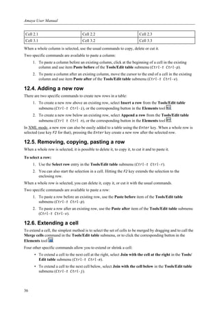 Cell 2.1 Cell 2.2 Cell 2.3
Cell 3.1 Cell 3.2 Cell 3.3
When a whole column is selected, use the usual commands to copy, delete or cut it.
Two specific commands are available to paste a column:
1. To paste a column before an existing column, click at the beginning of a cell in the existing
column and use item Paste before of the Tools/Edit table submenu (Ctrl-t Ctrl-p).
2. To paste a column after an existing column, move the cursor to the end of a cell in the existing
column and use item Paste after of the Tools/Edit table submenu (Ctrl-t Ctrl-v).
12.4. Adding a new row
There are two specific commands to create new rows in a table:
1. To create a new row above an existing row, select Insert a row from the Tools/Edit table
submenu (Ctrl-t Ctrl-i), or the corresponding button in the Elements tool .
2. To create a new row below an existing row, select Append a row from the Tools/Edit table
submenu (Ctrl t Ctrl n), or the corresponding button in the Elements tool .
In XML mode, a new row can also be easily added to a table using the Enter key. When a whole row is
selected (use key F2 for that), pressing the Enter key create a new row after the selected row.
12.5. Removing, copying, pasting a row
When a whole row is selected, it is possible to delete it, to copy it, to cut it and to paste it.
To select a row:
1. Use the Select row entry in the Tools/Edit table submenu (Ctrl-t Ctrl-r).
2. You can also start the selection in a cell. Hitting the F2 key extends the selection to the
enclosing row.
When a whole row is selected, you can delete it, copy it, or cut it with the usual commands.
Two specific commands are available to paste a row:
1. To paste a row before an existing row, use the Paste before item of the Tools/Edit table
submenu (Ctrl-t Ctrl-p).
2. To paste a row after an existing row, use the Paste after item of the Tools/Edit table submenu
(Ctrl-t Ctrl-v).
12.6. Extending a cell
To extend a cell, the simplest method is to select the set of cells to be merged by dragging and to call the
Merge cells command in the Tools/Edit table submenu, or to click the corresponding button in the
Elements tool .
Four other specific commands allow you to extend or shrink a cell:
• To extend a cell to the next cell at the right, select Join with the cell at the right in the Tools/
Edit table submenu (Ctrl-t Ctrl-e).
• To extend a cell to the next cell below, select Join with the cell below in the Tools/Edit table
submenu (Ctrl-t Ctrl-j).
Amaya User Manual
36
 