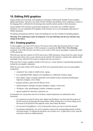 15. Editing SVG graphics
Amaya enables you to include vector graphics in web pages, following the Scalable Vector Graphics
(SVG) specification. The goal is not create all SVG elements and attributes, but to implement a subset of
the language that is sufficient for the drawings that scientific authors include in their documents.
Amaya handles SVG elements as structured components, in the same way as HTML elements.
Therefore, you can manipulate SVG graphics in the structure view as you manipulate other parts of
HTML documents.
All editing commands provided by Amaya for handling text are also available for handling graphics.
Warning: SVG authoring is under development. You may find bugs and the user interface may
change in the future.
15.1. Creating graphics
To draw graphics, you need a SVG canvas. The canvas can be either the document itself or a <svg>
element inside a XML document. A SVG document is created by the File->New->New Drawing
command. A tab of the Elements tool allows you to create a SVG canvas and graphic components inside
a XML document.
When the user asks the creation of a SVG canvas into a XML document, Amaya looks for a place around
the insert point where such a <svg> element can be inserted. The element is created with a default width
and height. Later, when the SVG canvas is selected, the user can resize it.
If the user tries to create a graphics outside a SVG canvas, a <svg> element is automatically generated to
include the new graphic component.
When the user clicks within a SVG canvas, the SVG tool is presented and the user can create graphic
components:
• connectors: line, simple or double arrow, zigzag.
• text, embedded HTML fragment (foreignObject), mathematic formula, image.
• basic shapes: square, rectangle (optionally with rounded corners), diamond, parallelogram,
trapezium, triangles, circle, ellipse.
• polygon, polyline, open and close Bézier curves.
• regular polygons: pentagon, hexagon, heptagon, octagon, various stars
• 3D objects: cube, parallelepiped, cylinder, octahedron, pyramid.
• special symbols for electronics, chemistry, etc.
In formatted view, the position and size of all these created components are indicated by direct
interaction:
• For connectors (except for lines), basic shapes and 3D objects, you first select the position of
the left corner by pressing the left mouse button. While holding down the button (drag), move
the mouse to the position of the opposite corner, then release the button.
• For text and foreignObject, click on the position where you want to insert the element.
• For polygon and polyline, you click to generate a point at the corresponding position with the
left mouse button. To indicate the last point, use a double-click. A right click or a Esc stops the
interaction without an additional point.
15. Editing SVG graphics
49
 