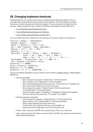 28. Changing keyboard shortcuts
Keyboard shortcuts are useful to invoke menu commands directly from the keyboard. You can
accomplish this using keyboard shortcuts files (one per paltform). These files define associations
between an invoked command and a keyboard sequence. They are located in the Amaya/config
directory: amaya.keyboard (Linux), amaya.kb (Windows) and amaya.kb-mac (Mac OS X).
• List of default keyboard shortcuts for Linux
• List of default keyboard shortcuts for Windows
• List of default keyboard shortcuts for Mac OS X
You can modify these files to define your own shortcuts. The syntax to define an association is:
Directive = KeySeq ':' IdentCommand ;
KeysSeq = KeySet [ ',' KeySet ] ;
KeySet = [ Modifier ] [ 'Shift' ] Key ;
Key = '<Key>' KeyValue / '<Key>' SpecialKey ;
Modifier = 'Ctrl' / 'Alt' / 'Meta' ;
KeyValue = 'a' / 'b' / ... ;
SpecialKey = 'Escape' / 'Delete' / 'Space' / 'BackSpace' /
'Enter' / 'Up' / 'Down' / 'Left' / 'Right' /
'Home' / 'End' / 'F1' / ... / 'L1' / ... / 'R1' / ... ;
IdentCommand = 'TtcInsertChar(' Char ')' / NAME '()' ;
Char = KeyValue / OctalValue / Entity ;
OctalValue = '' NUMBER ;
Entity = DecEntity / HexaEntity ;
DecEntity = '&' '#' NUMBER ';' ;
HexaEntity = '&' '#' 'x' HEXADECIMAL ';' ;
The list of available commands is (an up to date list can be found in Amaya's sources : Amaya/amaya/
EDITOR.A) :
• Moving commands:
◦ Move character by character: TtcNextChar, TtcPreviousChar
◦ Move word by word: TtcNextWord, TtcPreviousWord
◦ Move to then beginning/end of the current line: TtcStartOfLine, TtcEndOfLine
◦ Move line by line:TtcNextLine,TtcPreviousLine
◦ Move element by element: TtcNextElement,TtcPreviousElement,
TtcChildElement, TtcParentElement
◦ Scroll from page to page: TtcPageDown, TtcPageUp,TtcPageTop,TtcPageEnd
◦ Scroll one line up or one line down: TtcLineUp, TtcLineDown
• Selection extension commands:
◦ Select character by character: TtcNextSelChar, TtcPreviousSelChar
◦ Select word by word: TtcNextSelWord, TtcPreviousSelWord
◦ Select to then beginning/end of the current line:
TtcStartOfLine,TtcSelStartOfLine, TtcSelEndOfLine
◦ Select line by line:TtcNextSelLine,TtcPreviousSelLine
• Follow a link or activate an HTML form element (menu, button, etc.): DoAction.
• Skip to the next (or the first if there is selection) link or HTML form element in the document:
NextLinkOrFormElement.
28. Changing keyboard shortcuts
93
 