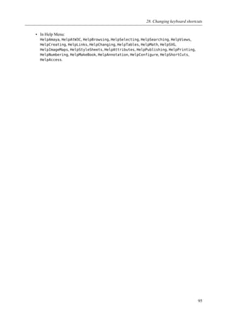 • In Help Menu:
HelpAmaya, HelpAtW3C, HelpBrowsing, HelpSelecting, HelpSearching, HelpViews,
HelpCreating, HelpLinks, HelpChanging, HelpTables, HelpMath, HelpSVG,
HelpImageMaps, HelpStyleSheets, HelpAttributes, HelpPublishing, HelpPrinting,
HelpNumbering, HelpMakeBook, HelpAnnotation, HelpConfigure, HelpShortCuts,
HelpAccess.
28. Changing keyboard shortcuts
95
 