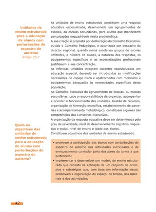 As unidades de ensino estruturado constituem uma resposta
   Unidades de       educativa especializada, desenvolvida em agrupamentos de
ensino estruturado   escolas, ou escolas secundárias, para alunos que manifestem
 para a educação     perturbações enquadráveis nesta problemática.
  de alunos com      A sua criação é proposta por deliberação do Conselho Executivo,
 perturbações do     ouvido o Conselho Pedagógico, e autorizada por despacho do
   espectro do
                     director regional, quando numa escola ou grupos de escolas
     autismo
                     limítrofes, o número de alunos, a natureza das respostas, os
    Artigo 25.º
                     equipamentos específicos e as especializações profissionais
                     justifiquem a sua concentração.
                     As referidas unidades integram docentes especializados em
                     educação especial, devendo ser introduzidas as modificações
                     necessárias no espaço físico e apetrechadas com mobiliário e
                     equipamentos adequados às necessidades específicas desta
                     população.
                     Ao Conselho Executivo do agrupamento de escolas, ou escolas
                     secundárias, cabe a responsabilidade de organizar, acompanhar
                     e orientar o funcionamento das unidades. Gestão de recursos,
                     organização de formação específica, estabelecimento de parce-
                     rias e acompanhamento metodológico, constituem algumas das
                     competências dos Conselhos Executivos.
                     A organização da resposta educativa deve ser determinada pelo
Quais os             grau de severidade, nível de desenvolvimento cognitivo, linguís-
objectivos das       tico e social, nível de ensino e idade dos alunos.
unidades de          Constituem objectivos das unidades de ensino estruturado:
ensino estruturado
para a educação       • promover a participação dos alunos com perturbações do
de alunos com           espectro do autismo nas actividades curriculares e de
perturbações do         enriquecimento curricular junto dos pares da turma a que
espectro do             pertencem;
autismo?
                      • implementar e desenvolver um modelo de ensino estrutu-
                        rado que consiste na aplicação de um conjunto de princí-
                        pios e estratégias que, com base em informação visual,
                        promovam a organização do espaço, do tempo, dos mate-
                        riais e das actividades;




42
 