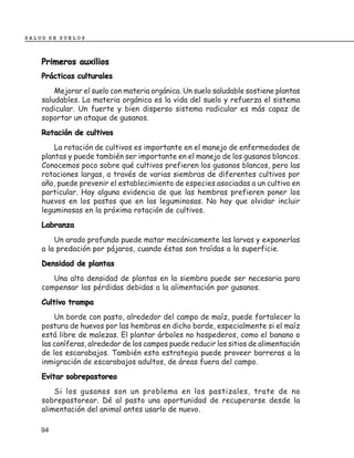 SALUD DE SUELOS



    Primeros auxilios
    Prácticas culturales
        Mejorar el suelo con materia orgánica. Un suelo saludable sostiene plantas
    saludables. La materia orgánica es la vida del suelo y refuerza el sistema
    radicular. Un fuerte y bien disperso sistema radicular es más capaz de
    soportar un ataque de gusanos.
    Rotación de cultivos
        La rotación de cultivos es importante en el manejo de enfermedades de
    plantas y puede también ser importante en el manejo de los gusanos blancos.
    Conocemos poco sobre qué cultivos prefieren los gusanos blancos, pero las
    rotaciones largas, a través de varias siembras de diferentes cultivos por
    año, puede prevenir el establecimiento de especies asociadas a un cultivo en
    particular. Hay alguna evidencia de que las hembras prefieren poner los
    huevos en los pastos que en las leguminosas. No hay que olvidar incluir
    leguminosas en la próxima rotación de cultivos.
    Labranza
        Un arado profundo puede matar mecánicamente las larvas y exponerlas
    a la predación por pájaros, cuando éstas son traídas a la superficie.
    Densidad de plantas
       Una alta densidad de plantas en la siembra puede ser necesaria para
    compensar las pérdidas debidas a la alimentación por gusanos.
    Cultivo trampa
        Un borde con pasto, alrededor del campo de maíz, puede fortalecer la
    postura de huevos por las hembras en dicho borde, especialmente si el maíz
    está libre de malezas. El plantar árboles no hospederos, como el banano o
    las coníferas, alrededor de los campos puede reducir los sitios de alimentación
    de los escarabajos. También esta estrategia puede proveer barreras a la
    inmigración de escarabajos adultos, de áreas fuera del campo.
    Evitar sobrepastoreo
        Si los gusanos son un problema en los pastizales, trate de no
    sobrepastorear. Dé al pasto una oportunidad de recuperarse desde la
    alimentación del animal antes usarlo de nuevo.

    94
 