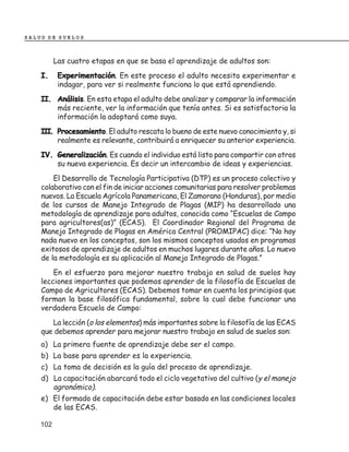 SALUD DE SUELOS



          Las cuatro etapas en que se basa el aprendizaje de adultos son:
    I.     Experimentación En este proceso el adulto necesita experimentar e
           Experimentación.
           indagar, para ver si realmente funciona lo que está aprendiendo.
    II. Análisis En esta etapa el adulto debe analizar y comparar la información
        Análisis.
        más reciente, ver la información que tenía antes. Si es satisfactoria la
        información la adoptará como suya.
    III. Procesamiento El adulto rescata lo bueno de este nuevo conocimiento y, si
         Procesamiento.
         realmente es relevante, contribuirá a enriquecer su anterior experiencia.
    IV. Generalización Es cuando el individuo está listo para compartir con otros
        Generalización.
        su nueva experiencia. Es decir un intercambio de ideas y experiencias.
        El Desarrollo de Tecnología Participativa (DTP) es un proceso colectivo y
    colaborativo con el fin de iniciar acciones comunitarias para resolver problemas
    nuevos. La Escuela Agrícola Panamericana, El Zamorano (Honduras), por medio
    de los cursos de Manejo Integrado de Plagas (MIP) ha desarrollado una
    metodología de aprendizaje para adultos, conocida como “Escuelas de Campo
    para agricultores(as)” (ECAS). El Coordinador Regional del Programa de
    Manejo Integrado de Plagas en América Central (PROMIPAC) dice: “No hay
    nada nuevo en los conceptos, son los mismos conceptos usados en programas
    exitosos de aprendizaje de adultos en muchos lugares durante años. Lo nuevo
    de la metodología es su aplicación al Manejo Integrado de Plagas.”
        En el esfuerzo para mejorar nuestro trabajo en salud de suelos hay
    lecciones importantes que podemos aprender de la filosofía de Escuelas de
    Campo de Agricultores (ECAS). Debemos tomar en cuenta los principios que
    forman la base filosófica fundamental, sobre la cual debe funcionar una
    verdadera Escuela de Campo:
       La lección (o los elementos) más importantes sobre la filosofía de las ECAS
    que debemos aprender para mejorar nuestro trabajo en salud de suelos son:
    a) La primera fuente de aprendizaje debe ser el campo.
    b) La base para aprender es la experiencia.
    c) La toma de decisión es la guía del proceso de aprendizaje.
    d) La capacitación abarcará todo el ciclo vegetativo del cultivo (y el manejo
       agronómico).
    e) El formado de capacitación debe estar basado en las condiciones locales
       de las ECAS.

    102
 