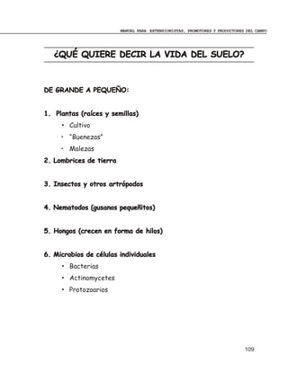 MANUAL PARA EXTENSIONISTAS, PROMOTORES Y PRODUCTORES DEL CAMPO




   ¿QUÉ QUIERE DECIR LA VIDA DEL SUELO?



DE GRANDE A PEQUEÑO:


1. Plantas (raíces y semillas)
     • Cultivo
     • “Buenezas”
     • Malezas
2. Lombrices de tierra


3. Insectos y otros artrópodos


4. Nematodos (gusanos pequeñitos)


5. Hongos (crecen en forma de hilos)


6. Microbios de células individuales
     • Bacterias
     • Actinomycetes
     • Protozoarios




                                                                             109
 