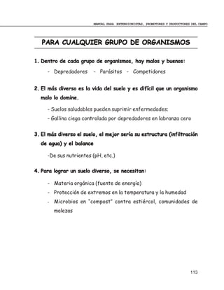 MANUAL PARA EXTENSIONISTAS, PROMOTORES Y PRODUCTORES DEL CAMPO




   PARA CUALQUIER GRUPO DE ORGANISMOS

1. Dentro de cada grupo de organismos, hay malos y buenos:

     - Depredadores       - Parásitos - Competidores


2. El más diverso es la vida del suelo y es difícil que un organismo
  malo lo domine.

     - Suelos saludables pueden suprimir enfermedades;
     - Gallina ciega controlada por depredadores en labranza cero


3. El más diverso el suelo, el mejor sería su estructura (infiltración
  de agua) y el balance

     -De sus nutrientes (pH, etc.)


4. Para lograr un suelo diverso, se necesitan:

     - Materia orgánica (fuente de energía)
     - Protección de extremos en la temperatura y la humedad
     - Microbios en “compost” contra estiércol, comunidades de
        malezas




                                                                              113
 