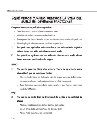 SALUD DE SUELOS




    ¿QUÉ VEMOS CUANDO MEDIMOS LA VIDA DEL
         SUELO EN DIVERSAS PRÁCTICAS?
    Comparaciones entre prácticas agrícolas:
         - Cero labranza contra labranza convencional
         - Cultivos de cobertura contra herbicidas
         - Incorporación de estiércol o abono verde contra no realizar la práctica
         - Uso de plaguicidas contra no realizar la práctica
    1.      Las prácticas agrícolas más estables y con más materia orgánica
            deben tener una vida más diversa en el suelo.
    2.      Las prácticas agrícolas con una vida más diversa en el suelo, deben
            tener menores cantidades de plagas.

    SINO:

    1.      Tal vez la práctica tiene otro efecto (fuera de su efecto sobre
            diversidad) que es más importante:
            - El efecto del laboreo del suelo es más importante en la labranza
                convencional contra el gusano alambre y los zompopos
            -   Cero labranza cero produce más zacate, y por tanto, más falso
                medidor (Mocis)
    Y/O
    2.      Tal vez no se midió bien la diversidad de la vida o la cantidad de
            plagas
            -   Número inadecuado de sitios dentro del campo
            -   En un sitio dado, el muestreo no se hizo bien
            -   No se hizo muestreo en las raíces

    114
 